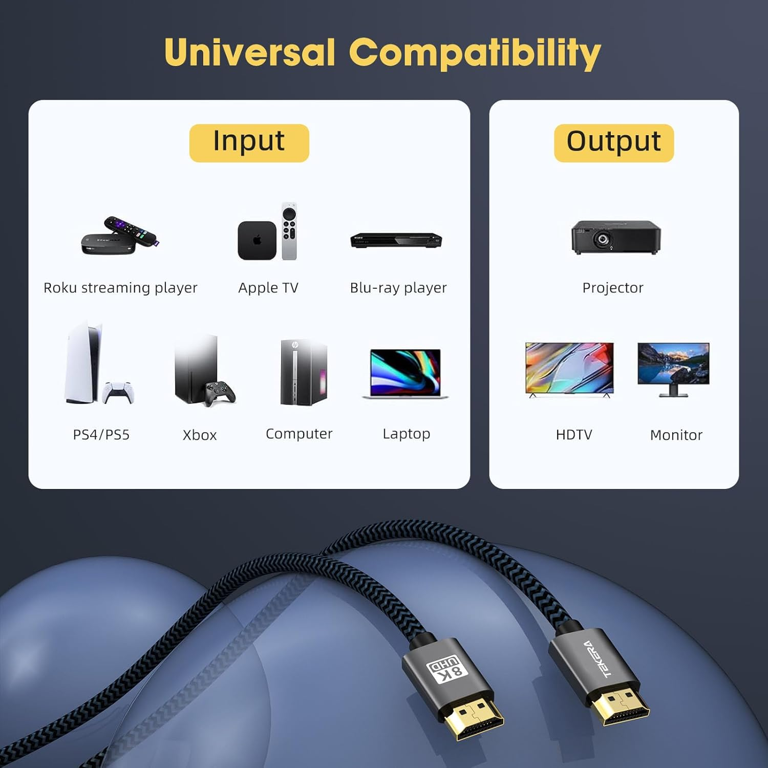 TEKERA 8K HDMI 2.1 Cable 2M, Ultra High-Speed 48Gbps HDMI to HDMI Cord, 4K@120Hz, 8K@60Hz, Earc, Dynamic HDR, VRR, Compatible with PS5, Xbox Series X, Soundbar, TV, Monitor, Projector image number 4