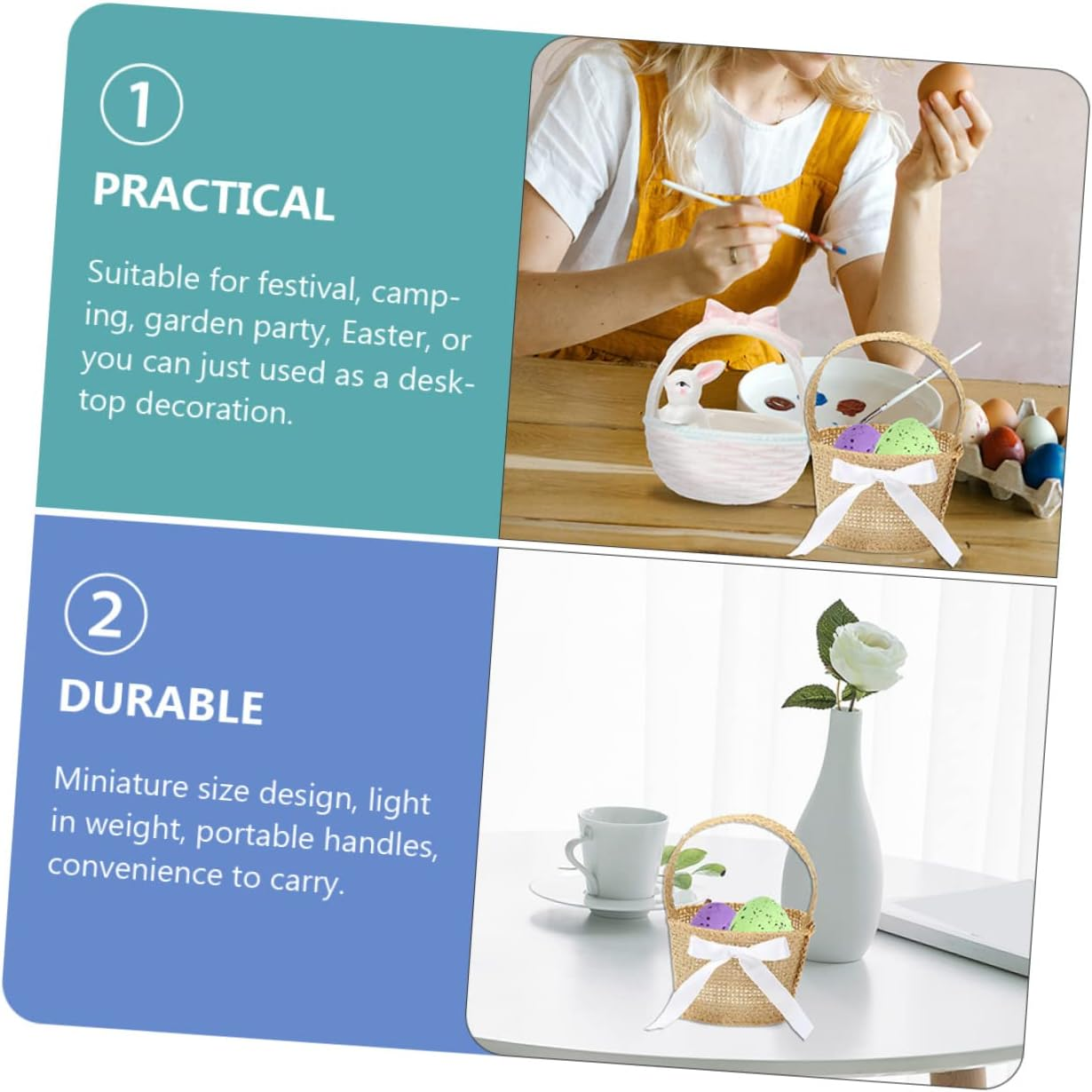 SHOWERORO 6Pcs Mini Woven Basket Hanging Burlap Individual Picnic Baskets Bridal Flower Basket Easter Egg Basket Bulk Easter Egg Stuffers Easter Baskets for Kids Bride Linen to Weave Snack image number 3