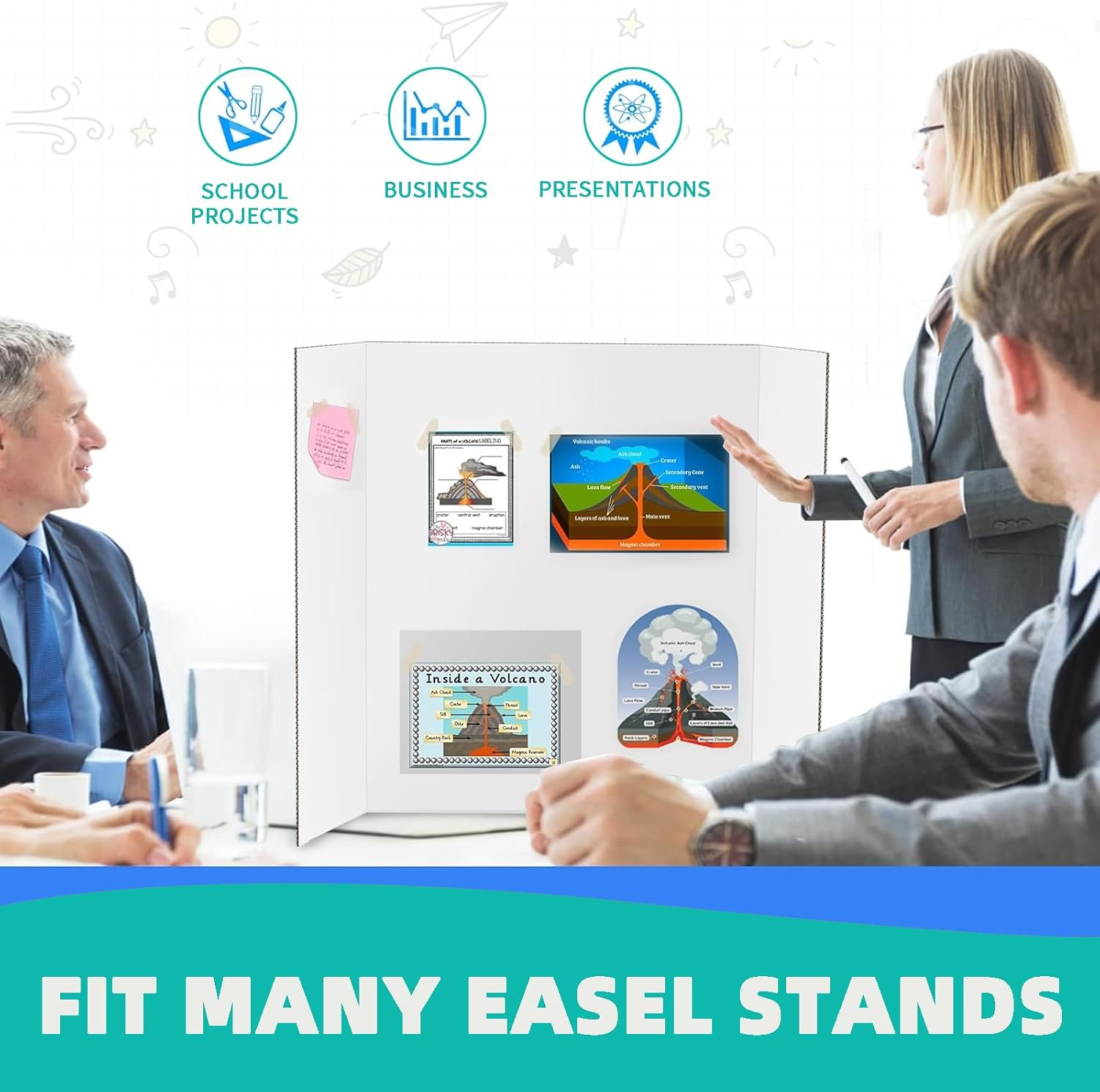 Doubleggs 10 Pack Small Trifold Poster Boards, 24" X 16" White Poster Board with 128 Sticky Accessories, Foldable Display Boards for School Projects, Business Presentations image number 3