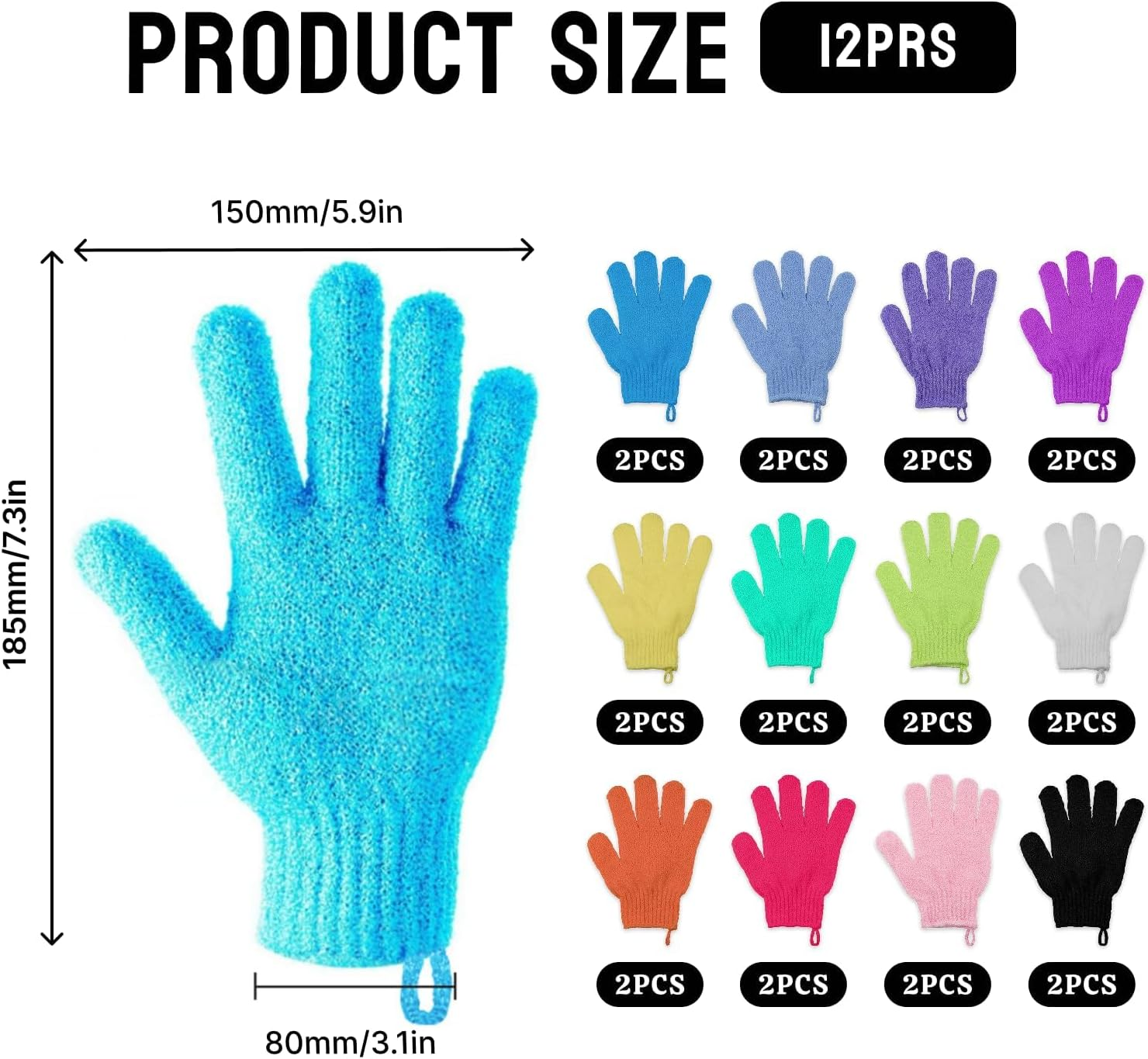 12 Pairs Multicolor Exfoliating Shower Gloves, Nylon Body Scrubber for Dead Skin Removal, Spa & Massage, Stretchy Bath Gloves for All Skin Types, Helps Combat Acne, Eczema,Easy Clean & Quick Dry image number 2