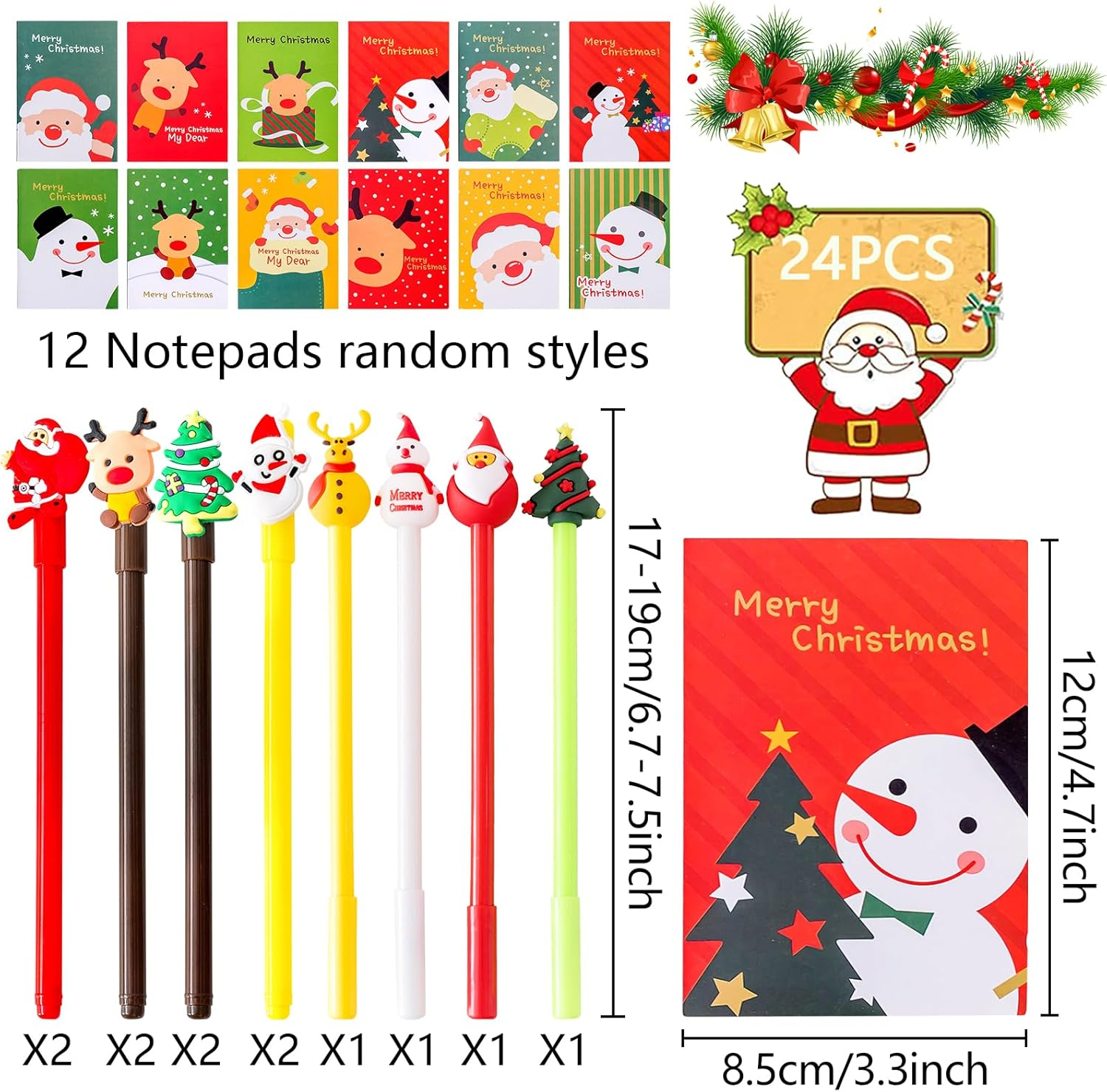 Pack of 24 Christmas Stationery Set, Christmas Small Items, Christmas Notepad and Ballpoint Pen, Christmas Neutral Pen, Cartoon Christmas Stationery for Children, Birthday Gift (A)