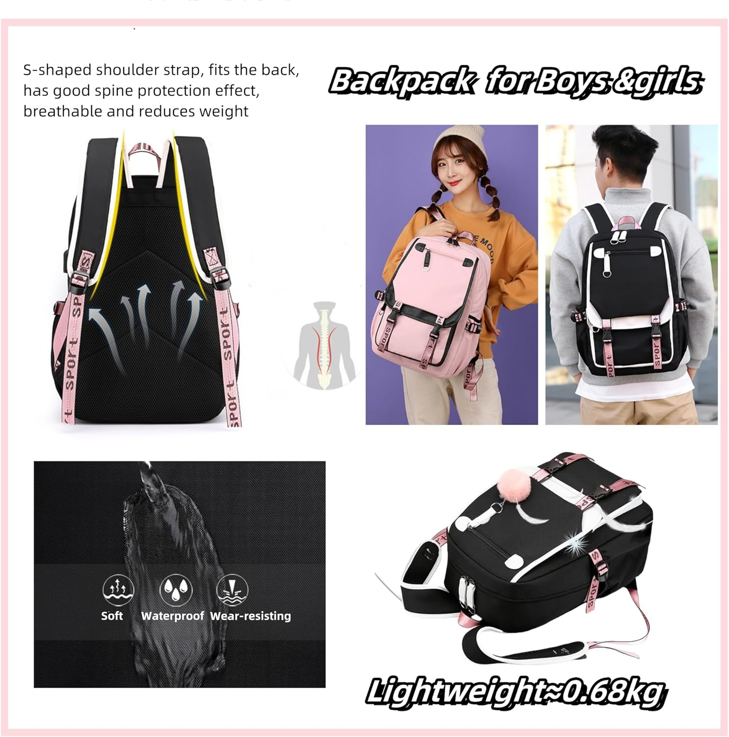 Backpack for Girls Casual Daypack Nylon Waterproof Kids Elementary Middle Schoolbag Children Bookbag - Black+Pink image number 2