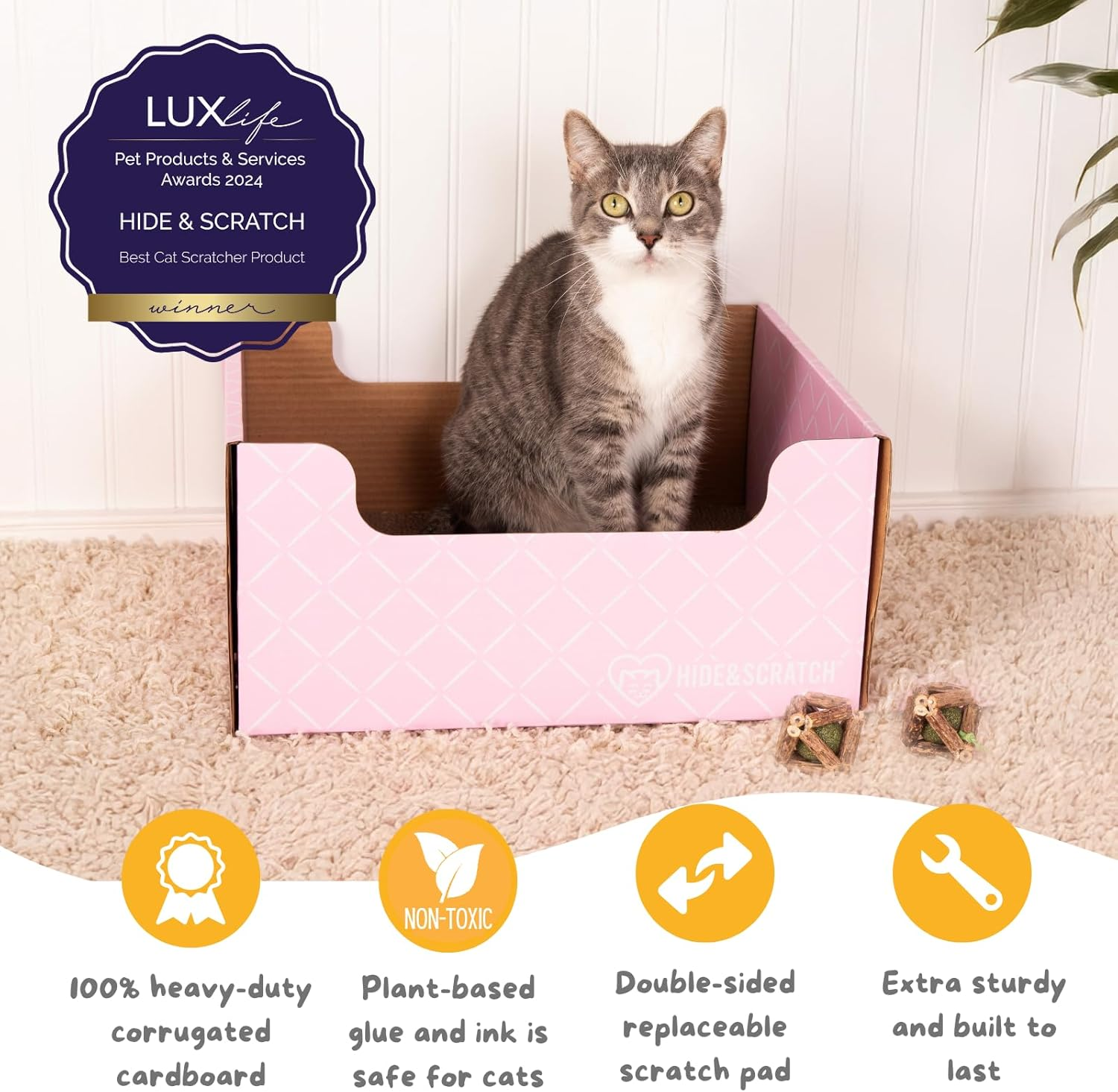 Hide & Scratch Cardboard Cat Scratcher Box & Bed - Light Pink Diamond | Double-Sided Corrugated Pad for Indoor Cats | Refillable Scratching Board Toy for Play & Furniture Protection image number 2