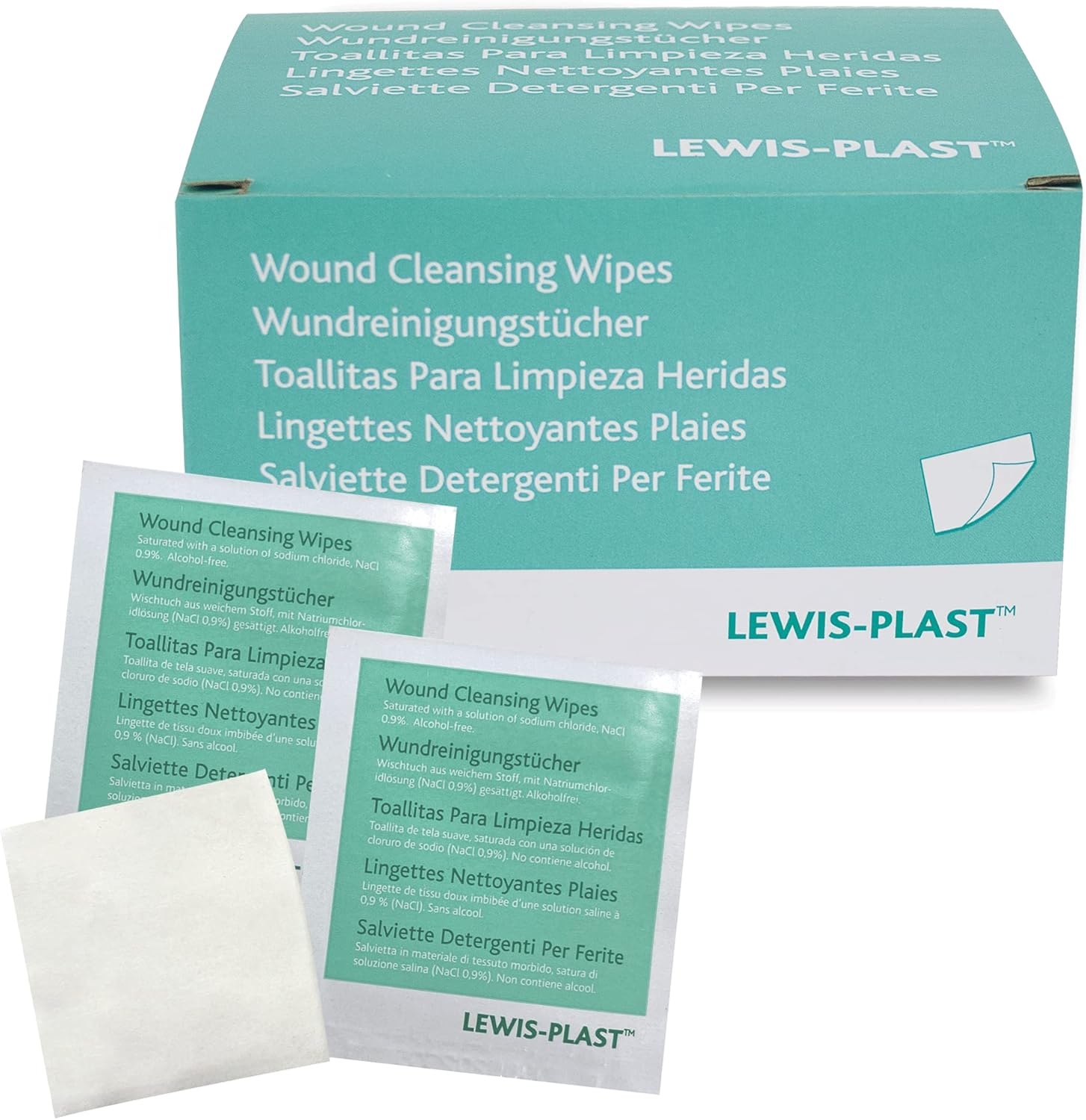 Lewis-Plast Premium Saline Sterile First Aid Alcohol Free Wipes - Box of 100 Medical Grade Cleaning Wipe for Wound, Cleansing Area before Injection and Piercing, Green image number 1