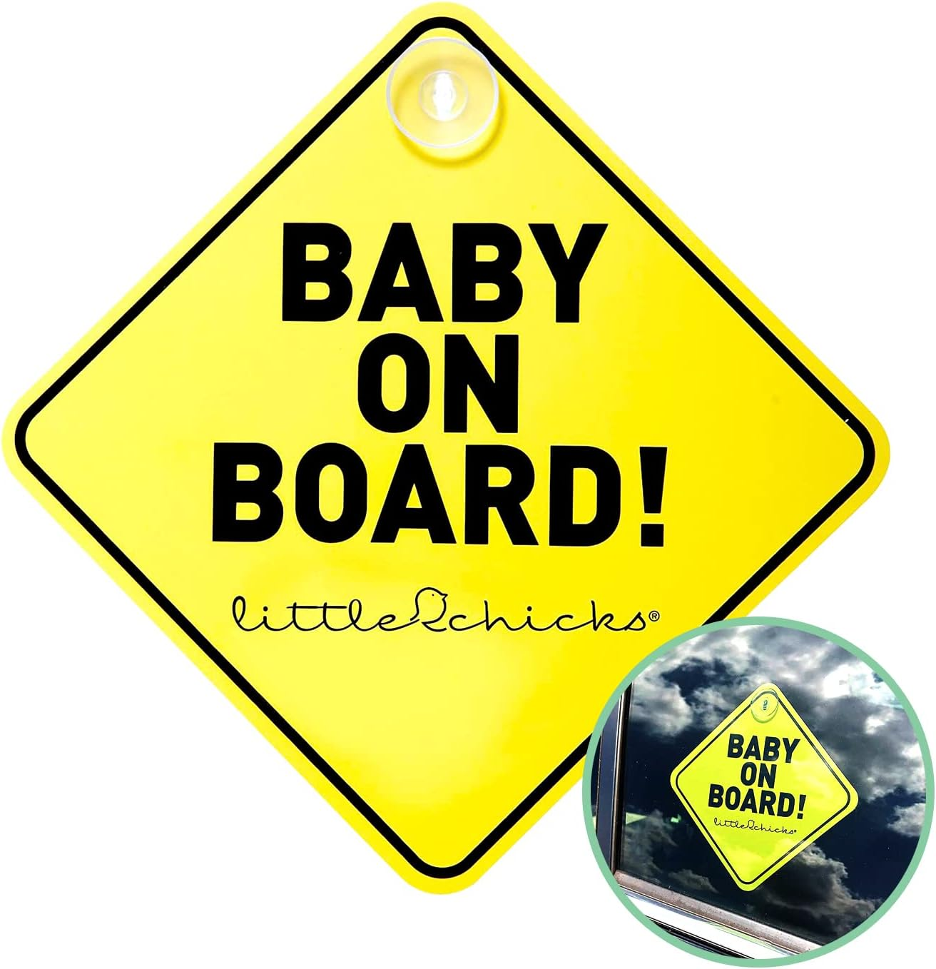 Little Chicks Baby on Board Car Sign Decal - Weather Resistant. Child Safety Awareness Warning Sticker with Suction Cups - Bright Yellow Color - Model CK094 image number 4
