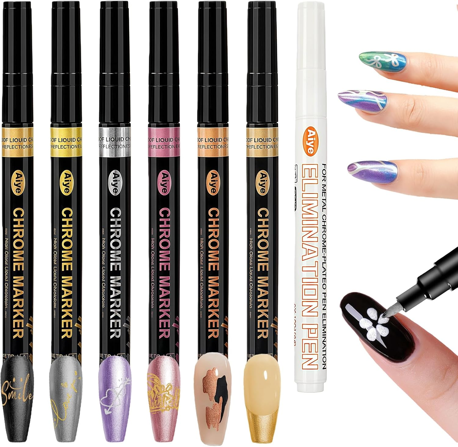 MKNZOME 6 Color Nail Art Pens, Nail Polish Pens Set Nail Chrome Eraser Pen Drawing Painting Point Liner Pens with Eraser Pen, Waterproof and Quick-Drying