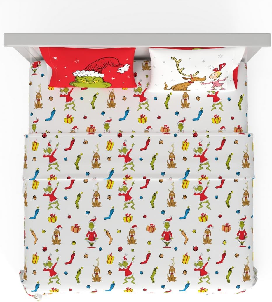 Franco Collectibles Dr. Seuss the Grinch Holiday & Christmas Bedding Super Soft Microfiber 4 Piece Queen Sheet Set, (Officially Licensed Product) image number 1