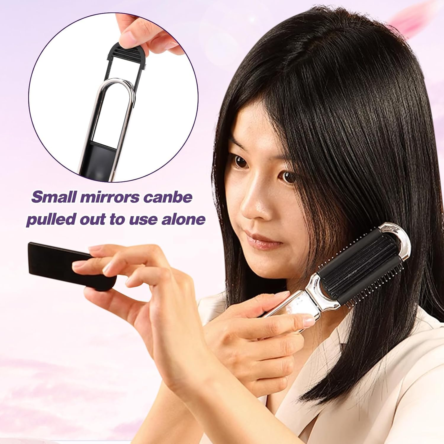 Mini Hair Brush with Mirror,Folding Travel Hair Brush Collapsible Hair Comb Portable Compact Pocket Size Anti-Static Hairbrush for Curly Thin Long Short Wet Dry Hair image number 6
