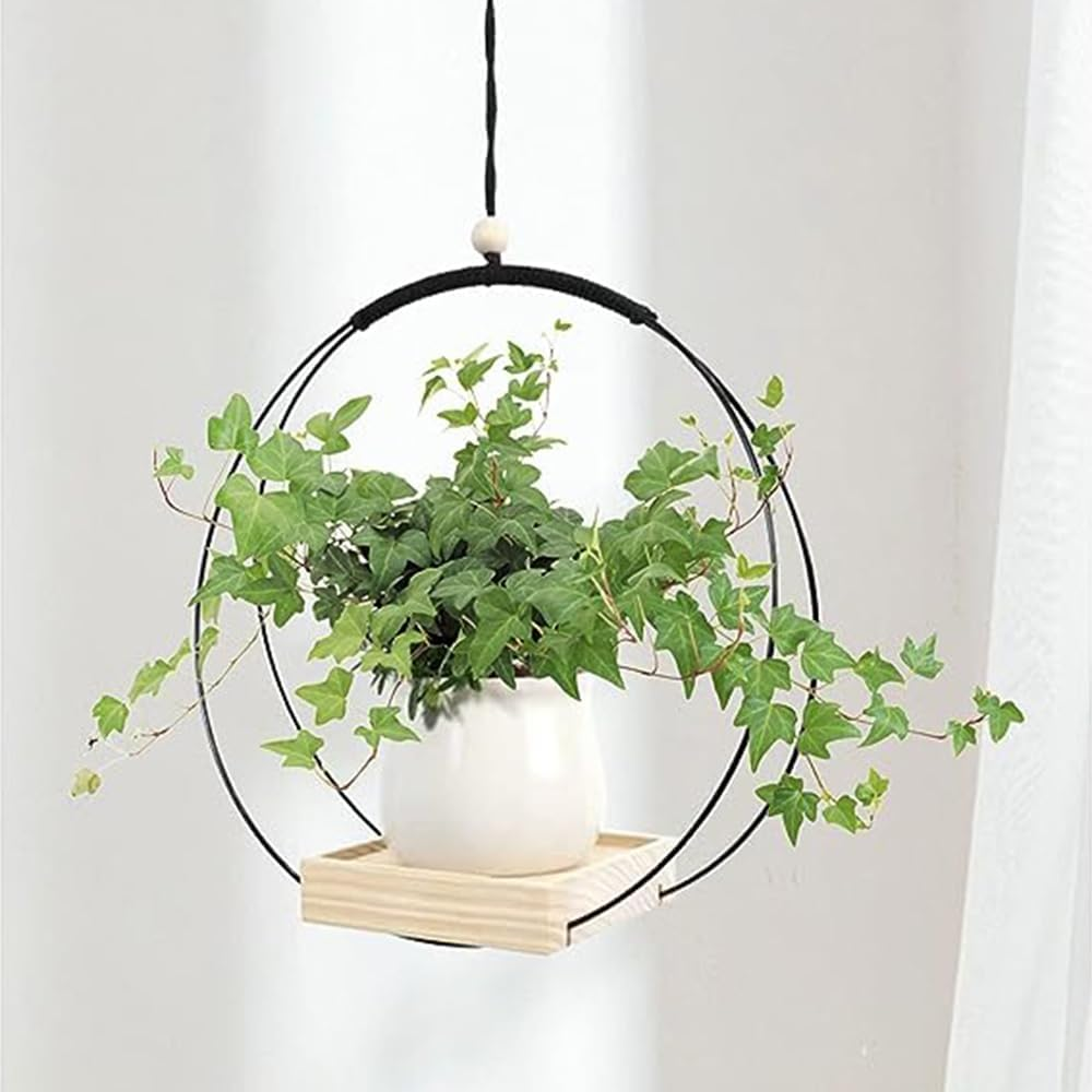 Hanging Planter with Wood Base, Modern Macrame Plant Hanger for Indoor Outdoor Wall Ceiling Window Boho Home Decoration, Black(Planter/Plants Not Included) image number 4