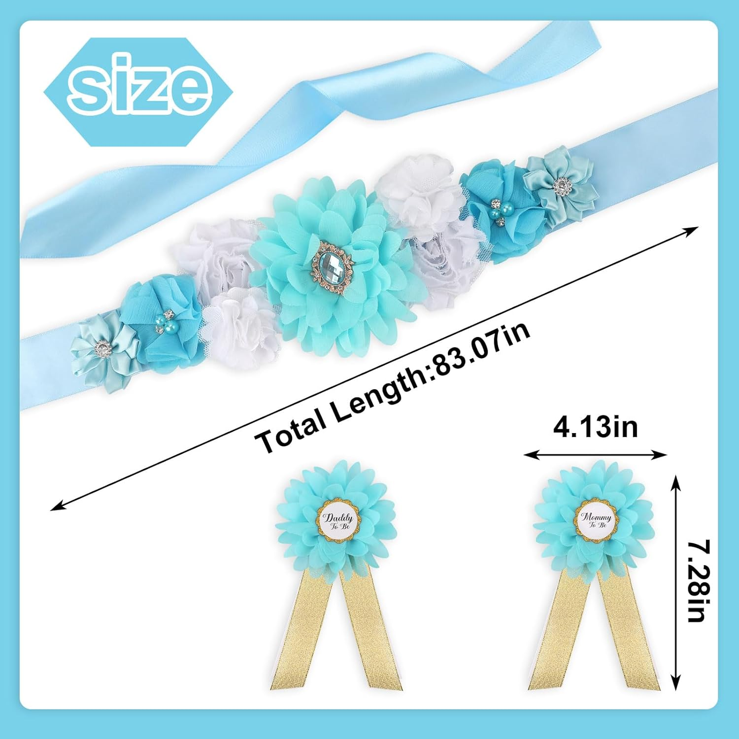 Blue Maternity Sash Corsage Set &ndash; Elegant 3PCS Baby Shower Floral Belly Band with Mommy to Be Daddy to Be Corsages for Gender Reveal and Pregnancy Celebration