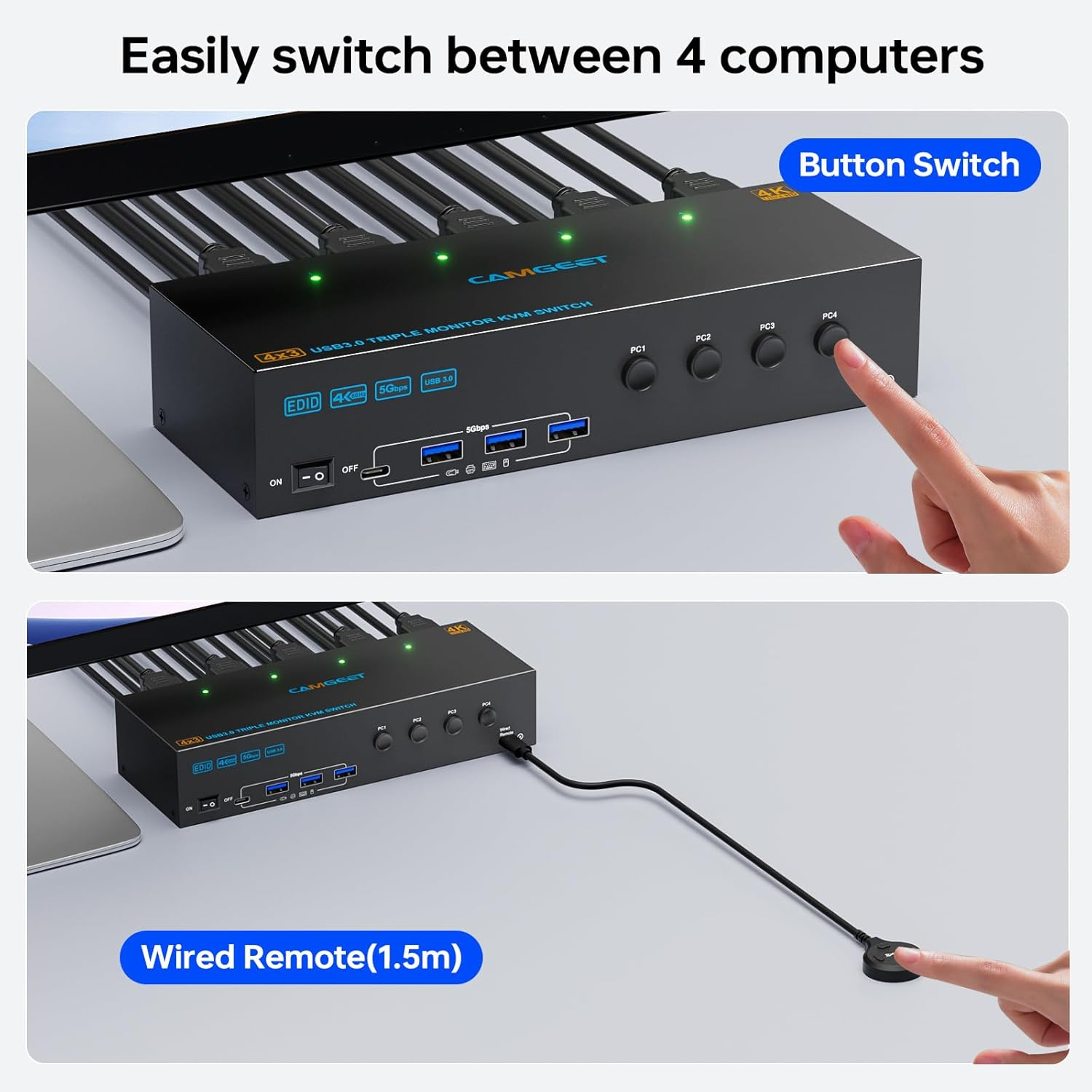 KVM Switch 3 Monitors 4 Computers 4K@60Hz,Edid Simulation,Usb 3.0 HDMI Displayport KVM Switch Triple Monitor for 4 PC Share 3 Monitors and Keyboard Mouse Printer,With Wired Remote and 4 USB Cables image number 3