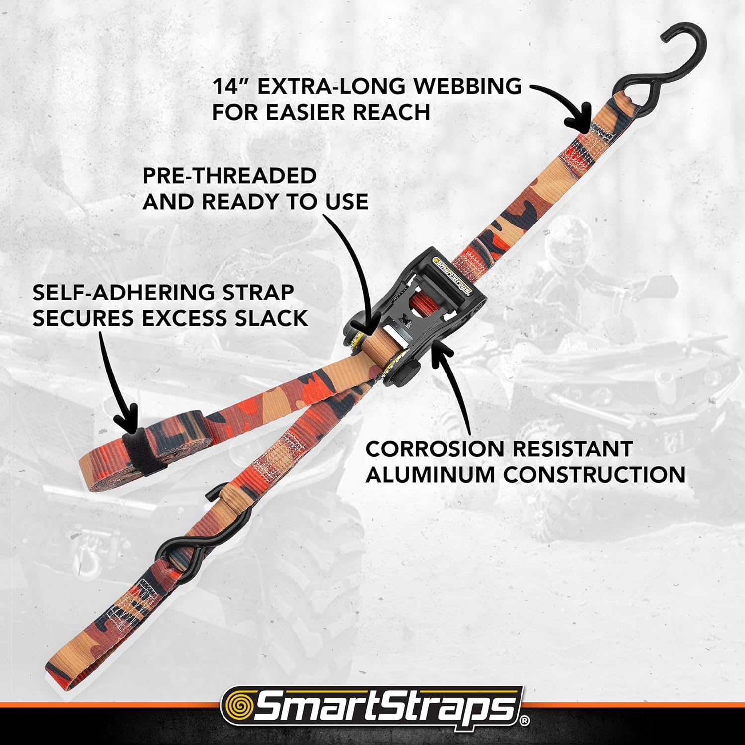 SMARTSTRAPS 14&rsquo; Camox Ratchet Straps, 4 Pack &ndash; 3,000Lbs Break Strength, 1,000Lbs Safe Work Load &ndash; Premium Duty Tie Downs for Heavier Loads, Orange Camo Webbing image number 7