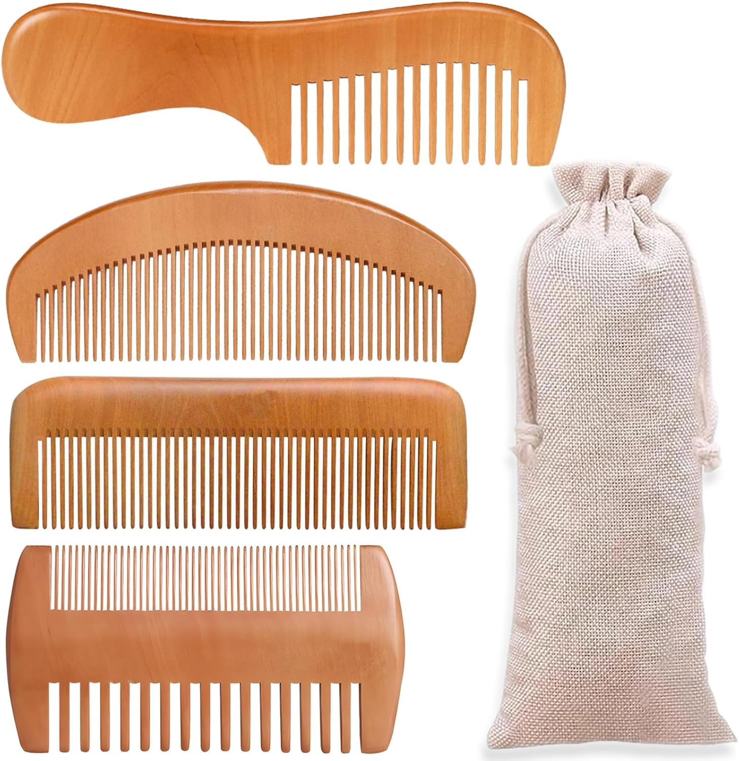 4 Pcs Natural Bamboo Comb Set for Women & Men - Wide Tooth Detangling, Beard & Labor Combs for Curly, Thick, Wavy Hair with Gift Bag image number 6