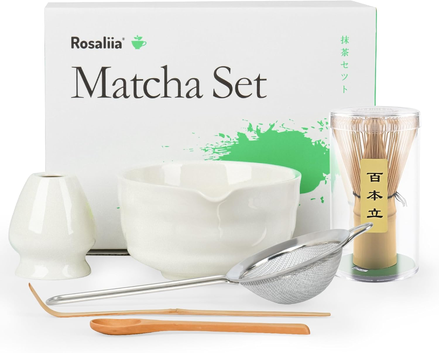 Matcha Whisk Set, Japanese Tea Set Includes Matcha Bowl with Spout, Matcha Whisk Stand, Bamboo Matcha Whisk and Bamboo Spoon, Matcha Powder Sieve, 17 Ounces White Ceramic Matcha Set (White) image number 3