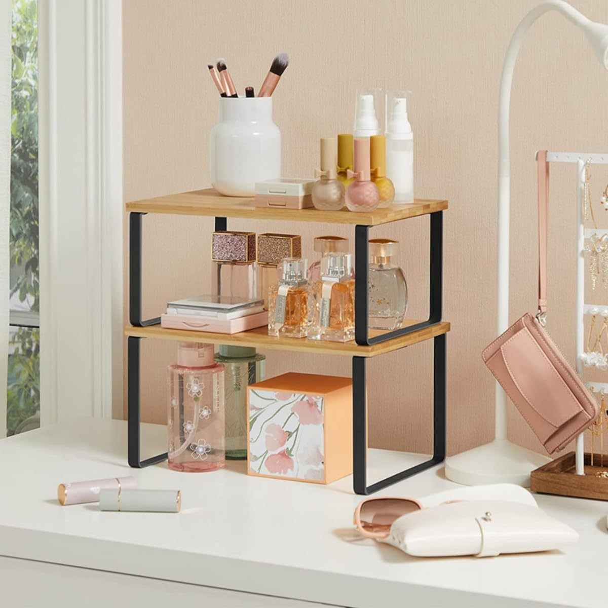 9SHOME 4Pack Expandable Cabinet Shelf Organiser, Stackable Kitchen Counter Shelves Organiser, Wooden Cupboard Stand Spice Rack, Pantry Shelves Cabinet Insert for Kitchen Bathroom image number 3