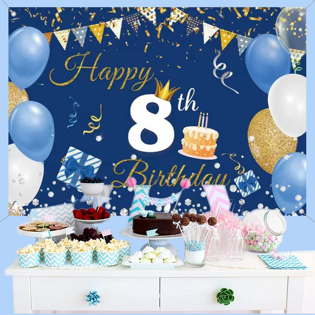 8Th Birthday Decorations for Boy/Girl, 8 Years Old Backdrop Banner Fabric Sign Poster, Happy 8Th Birthday Party Supplies Blue Photography Background Welcome Sign, 150Cm X 90Cm image number 1