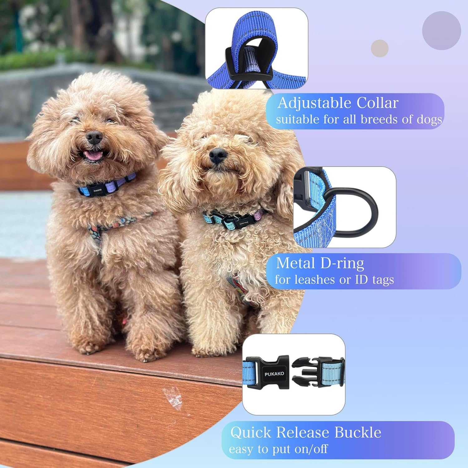 PUKAKO Reflective Dog Collar, Adjustable Soft Neoprene Padded Nylon Pet Collars with Buckle for Small Medium Large Dogs Girl, Blue Gradient, L image number 4