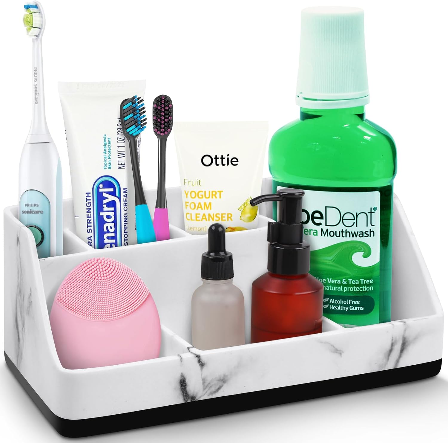Richenda Toothbrush and Toothpaste Holder with Drainage, 5 Slots Bathroom Organizer Storage Caddy Countertop Anti-Slip Home Storage Organisation for Shower,Bath Products, Kitchen, White Marble