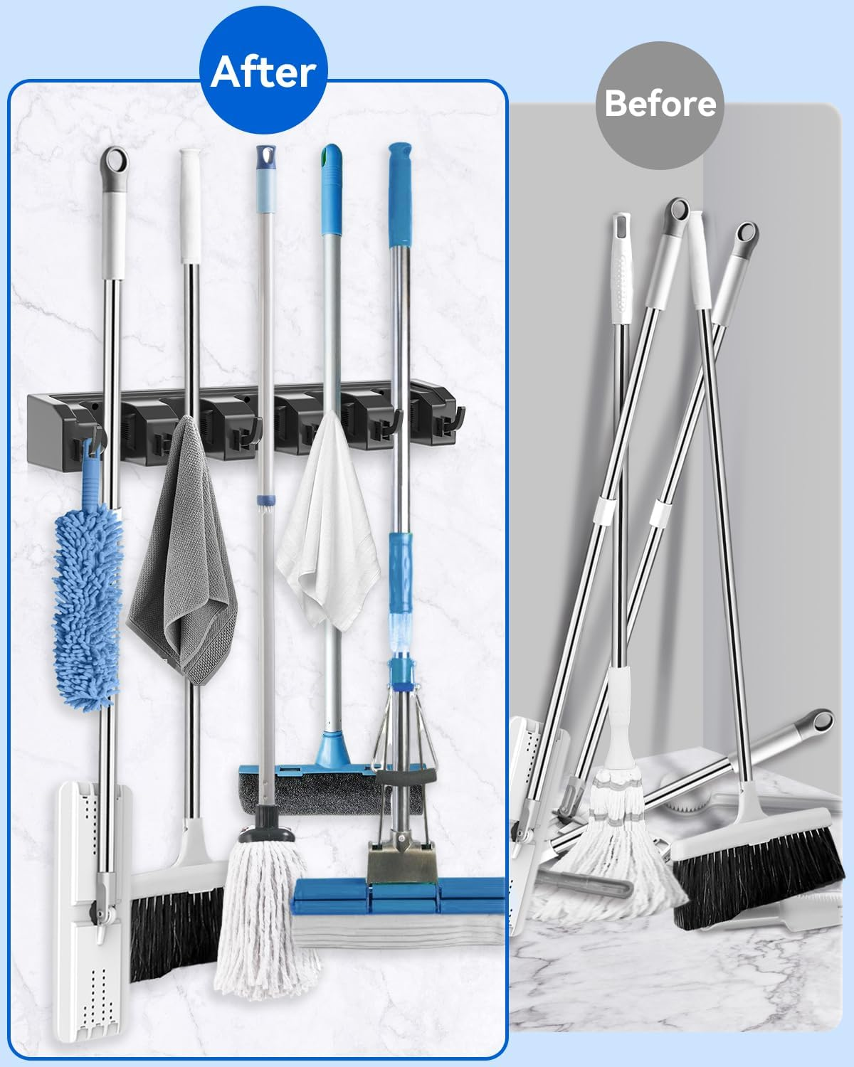 Acemining Broom Holder Wall Mounted, 2 Pack 5 Holders and 6 Hooks Mop Holder, ABS Plastic Brush Holder, Thick and Durable Mop Wall Holder Black image number 2