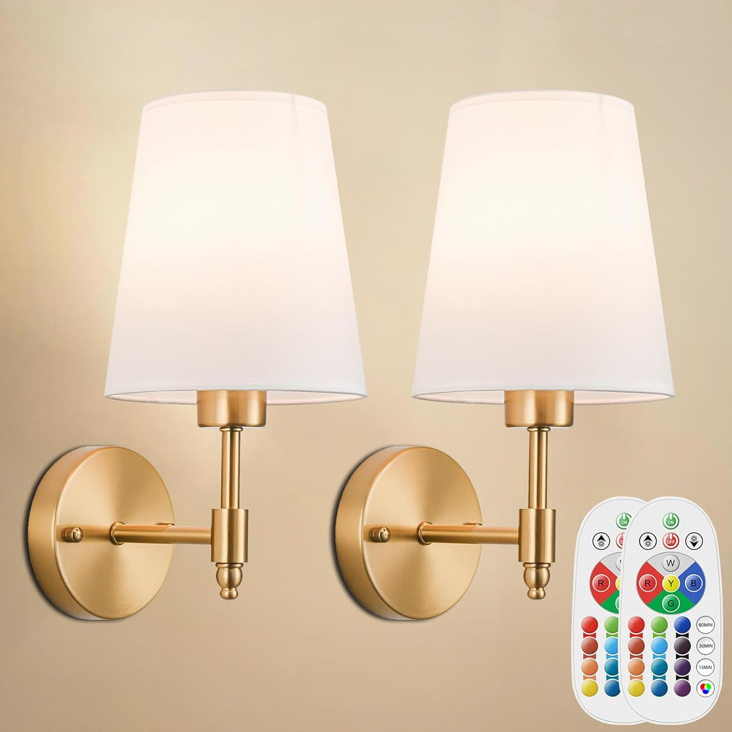Battery Operated Wall Sconces Set of 2, Rechargeable Wall Lights with 6000Mah Dimmable RGB Bulbs and Remote, 13 Colors Wireless Wall Lamps for Bedroom Living Room Hallway, Gold image number 6