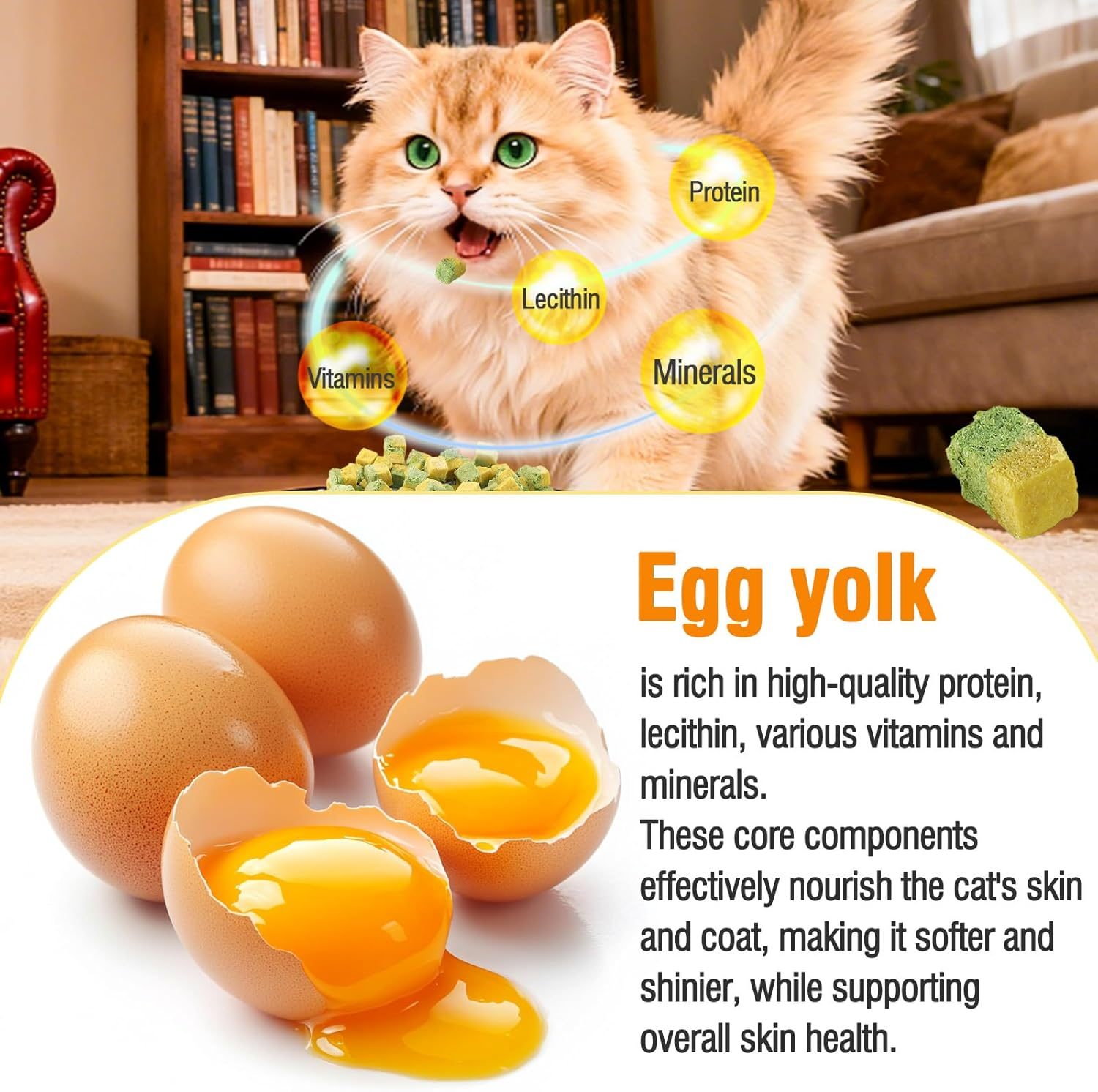 JJW Freezed-Dried Cat Grass Treats, Catgrass Egg Yolk Duo Bites, Cat Dental Treats for Hairball Control and Healthy Coat, Cats Teething Stick (60G, Egg Yolk) image number 2