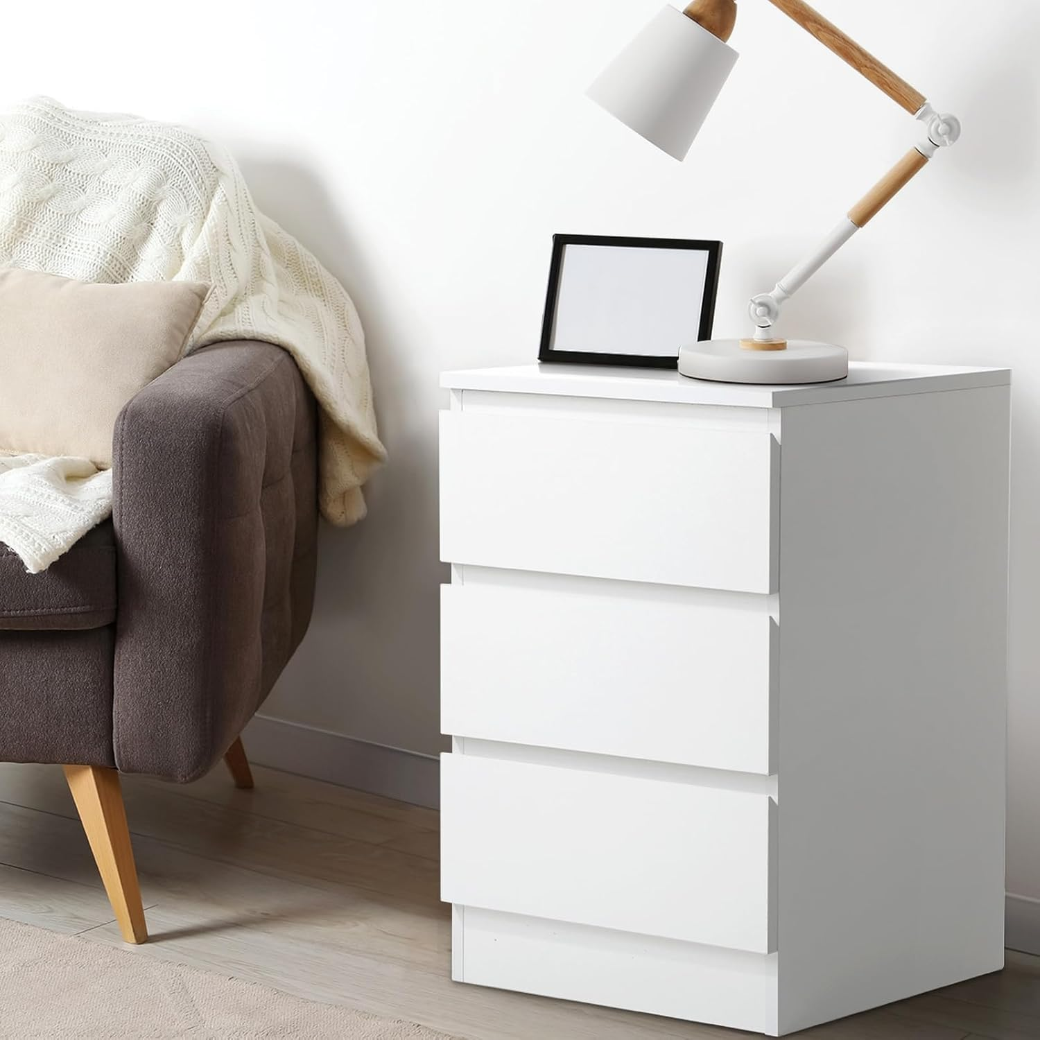 Oikiture White Bedside Table with 3 Drawers Bed Side Table image number 4