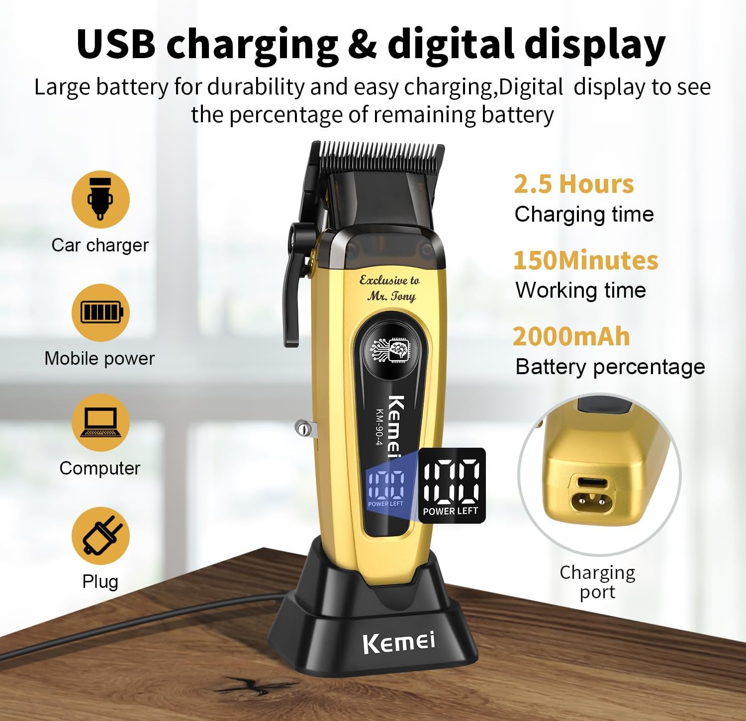 KEMEI KM-90-4 Professional Hair Clipper for Men Cord/Cordless Hair Cutting Kits, Hair & Beard Trimmer, Adjustable Blade Barber Clippers with USB Rechargeable, Gift for Men image number 4