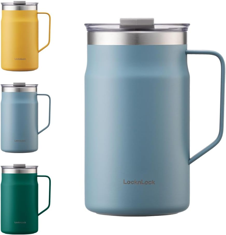 Locknlock Metro Mug Premium 18/8 Stainless Steel Double Wall Insulated with Handle Perfect for Table with Lid, Yellow, 20 Oz