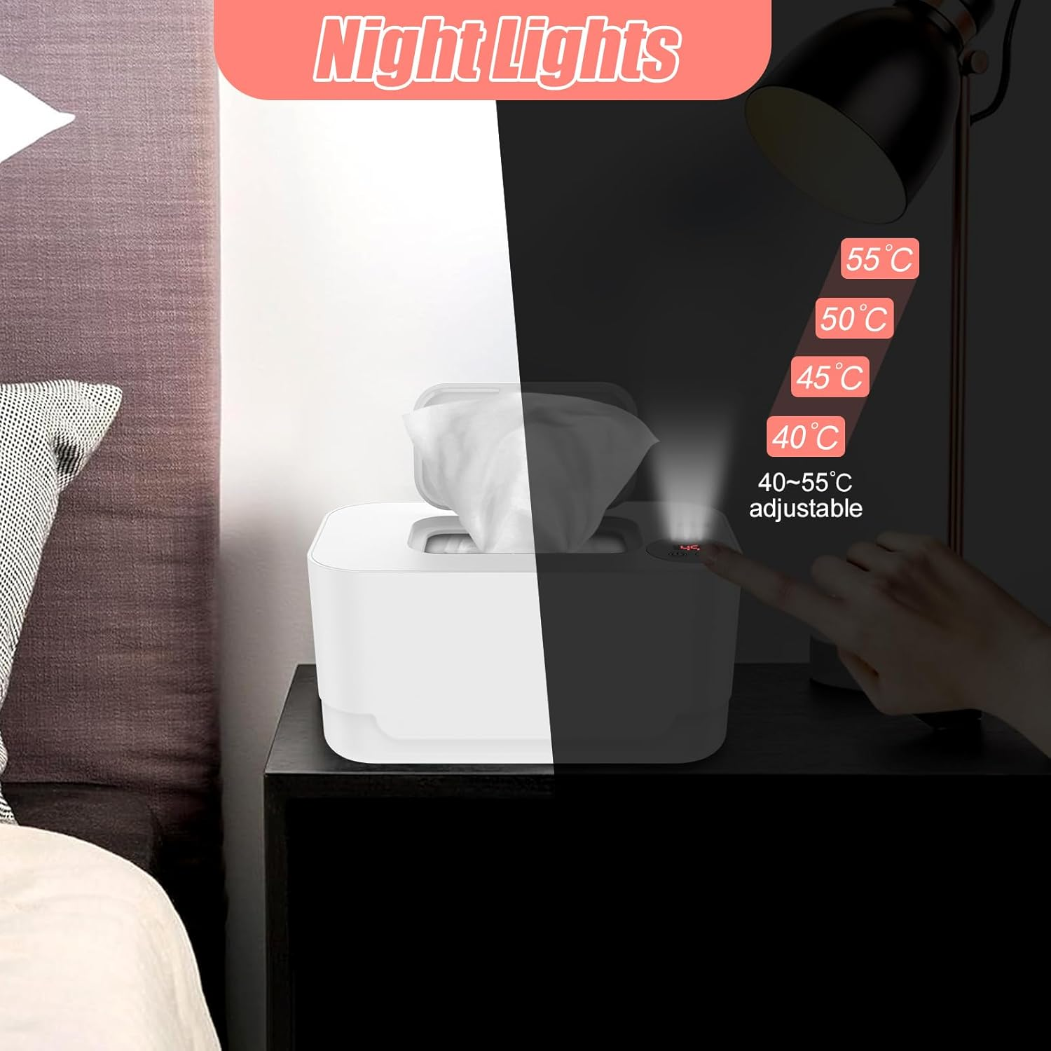 Baby Wipe Warmer with LED Light 40-55&deg;C Adjustable Baby Wipe Warmer Dispenser Portable Wipe Heater Warmer USB Powered Wet Wipes Warmer Diaper Wipe Warmer Keeps Wipes Warm and Moist for Baby Nursery Po image number 6