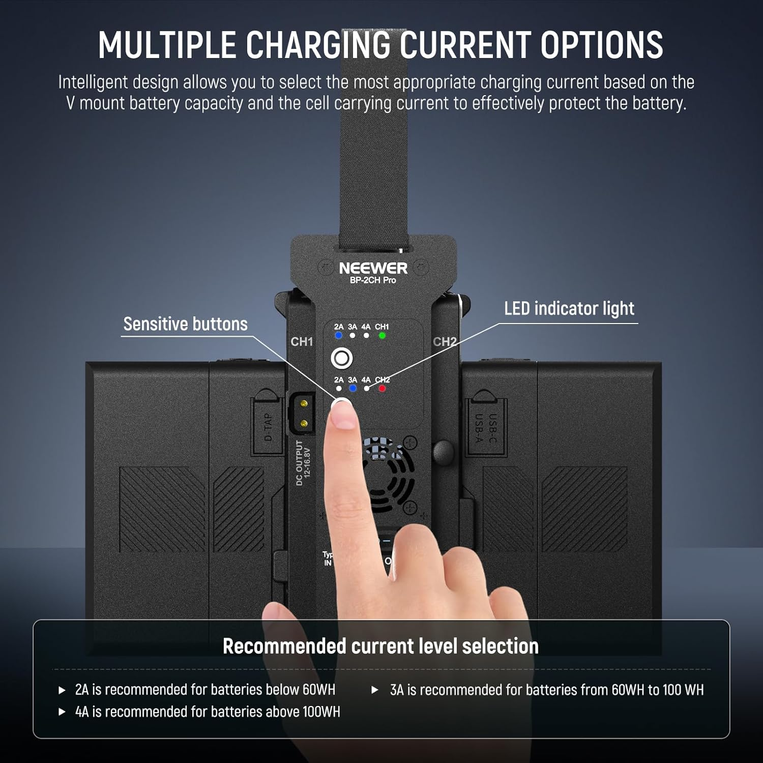 NEEWER V Mount Battery Charger Dual Channel with 100W PD USB C Fast Charging， DC 48V/DC24V/100W PD/D TAP Outputs， Multifunctional Metal Charger Compatible with Smallrig NEEWER PS099E VB99， BP-2CH Pro image number 4