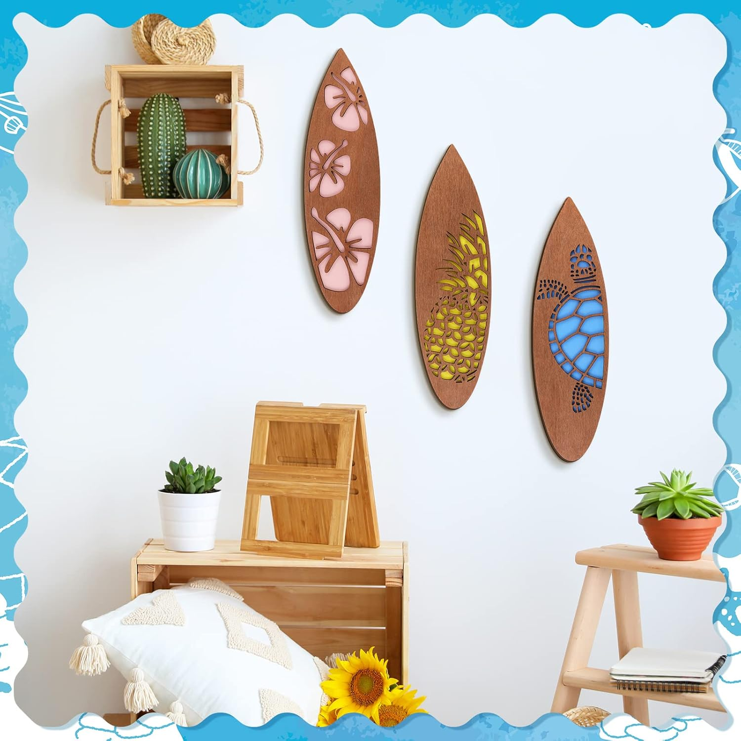 Tatuo 3 Pcs Surfboard Wall Decor Surfboard Hanging Sign Available in Sizes Summer Backdrop for Party Tropical Beach Room Decor Wooden Decoration for Hawaiian Luau(Retro,11.81 X 3.31 X 0.2 Inch) image number 4