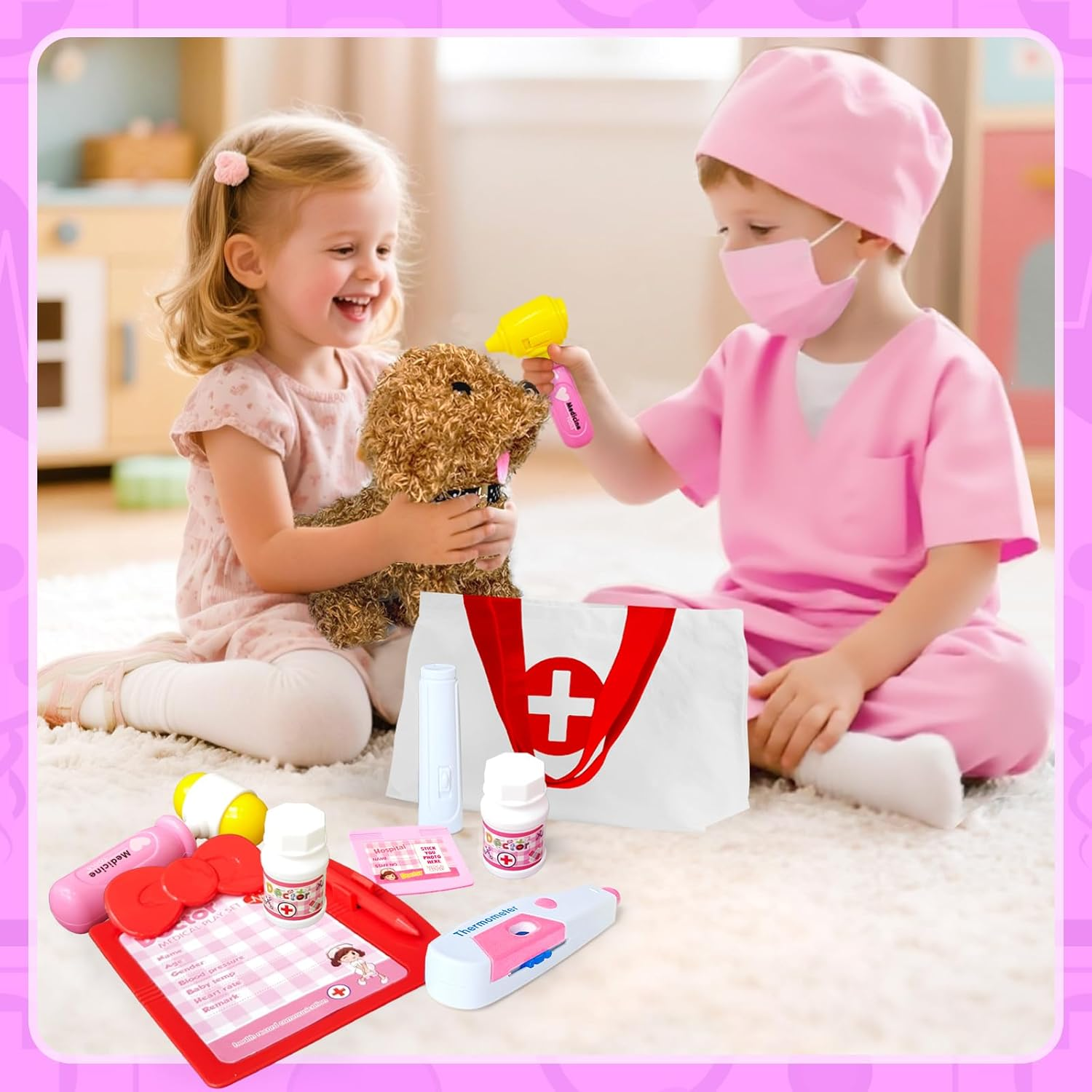 PELOSTA 34PCS Doctor Kit for Toddlers 3-5, Pretend Play Doctor Play Set with Dog Toy, Doctor Costume, Carrying Bag, Stethoscope, Dress up Toys for Girls Aged 3 4 5 6 7 8 (Pink) image number 3