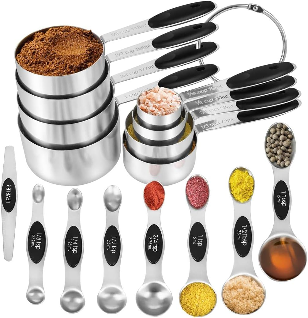 KELOFKO 16 Pieces Measuring Cups and Magnetic Measuring Spoons Set Stainless Steel, 8 Measure Cups with Silicone Handle and 7 Double Sided Magnetic Measure Spoons & 1 Leveler, Measuring Cup Set image number 3