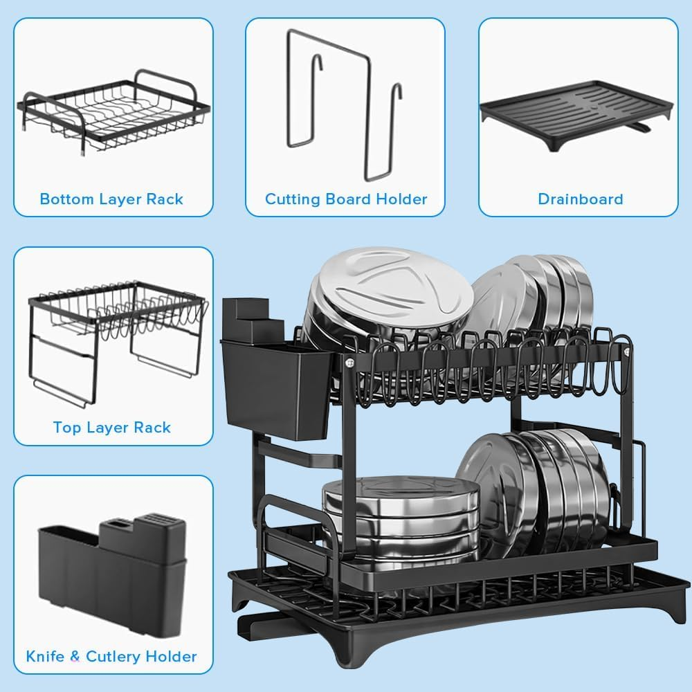 Dish Drying Rack for Kitchen Counter, 2 Tier Rustproof Dish Rack for Kitchen Countertop with Draining Board, Cutting Board Holder, Cup Holder, Cutlery Rack, Large Capacity (Black) image number 1