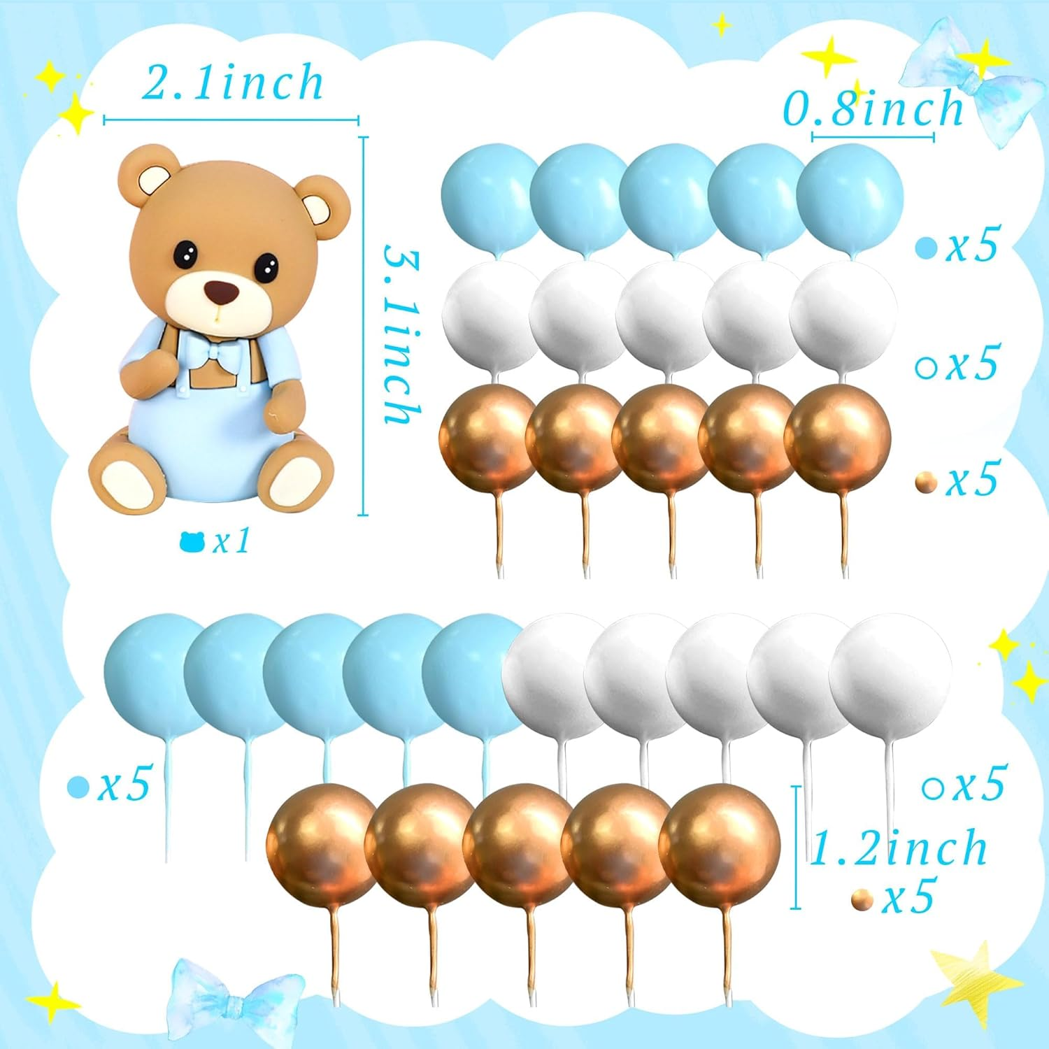 Laventy Teddy Bear Cake Decoration Cake Decoration Baby Shower Boy Cake Decoration Girl Blue Cake Decoration Teddy Bear Cake Decoration for Wedding Baby Shower Birthday Party image number 1