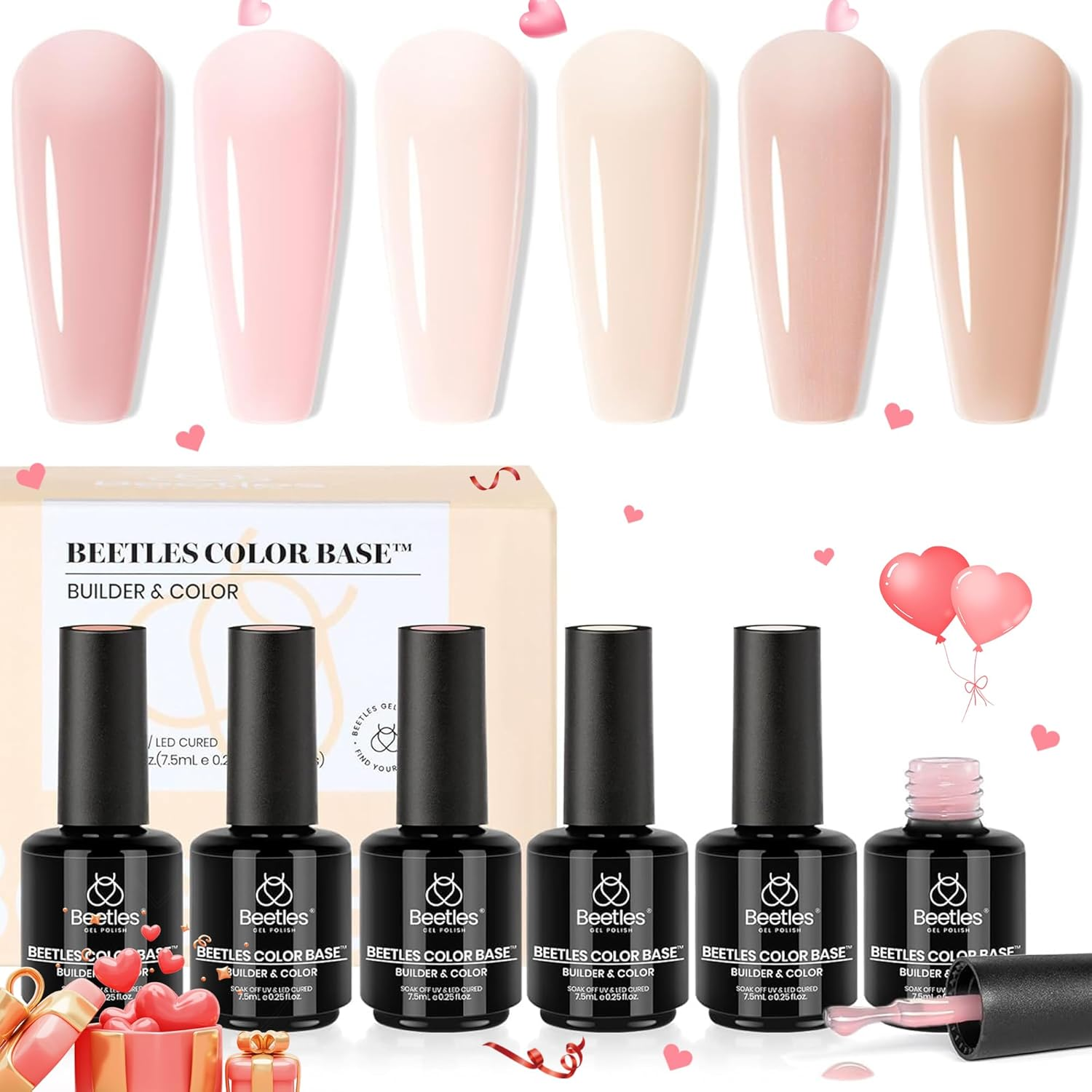 Beetles Color Base Gel Nail Polish, 6 Colors Nude Gel Polish Pink Nail Polish Peach Pink Nail Polish Neutral Sheer Colors Strengthener Soak off Nail Art Manicure DIY at Home image number 1