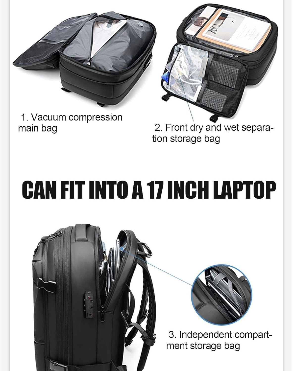 Gungtj Vacuum Travel Backpack,60L Expandable Airpack with Computer Compartment | Oxford Cloth Vacuum Packing, Waterproof, Dry Wet Separation for Business - Gray image number 5