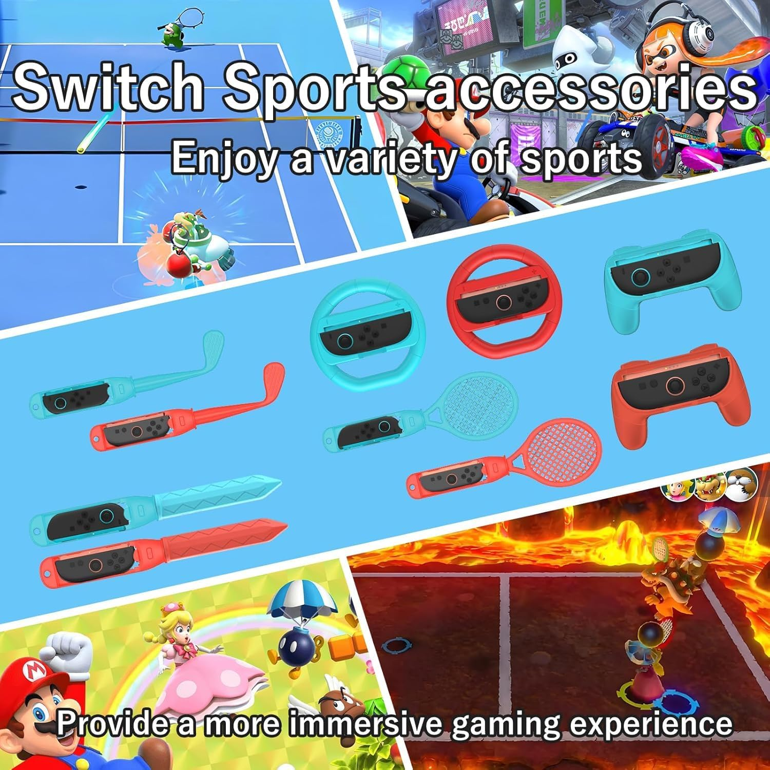 NBCP Switch 2 Sports Kit 14-In-1 &ndash; Motion Control Bundle with Steering Wheels, Swords, Rackets for Racing, Combat & Fitness Games (2025 New Release) - Black (18-In-1) image number 6