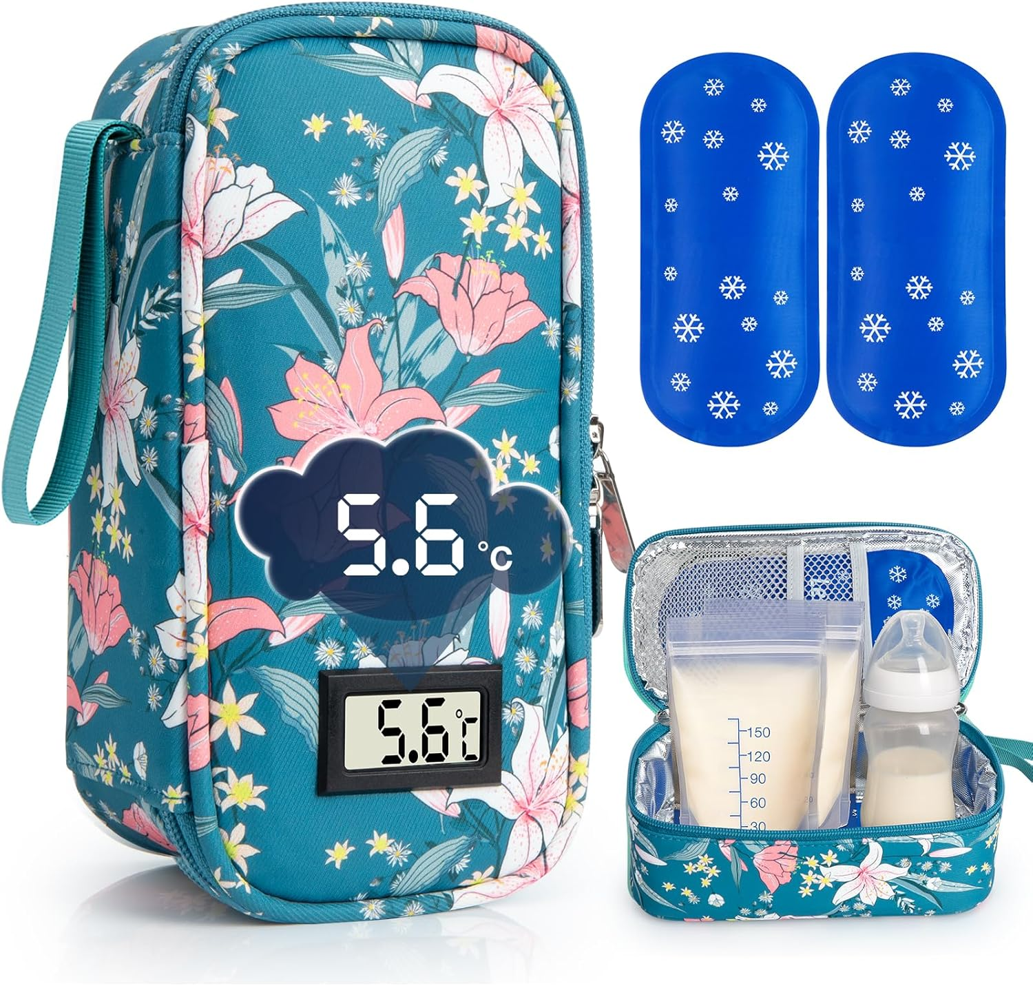 SUNMON Milk Storage Bag, Portable Travel Milk Storage Case, Includes 2 Reusable Ice Packs (Lily)