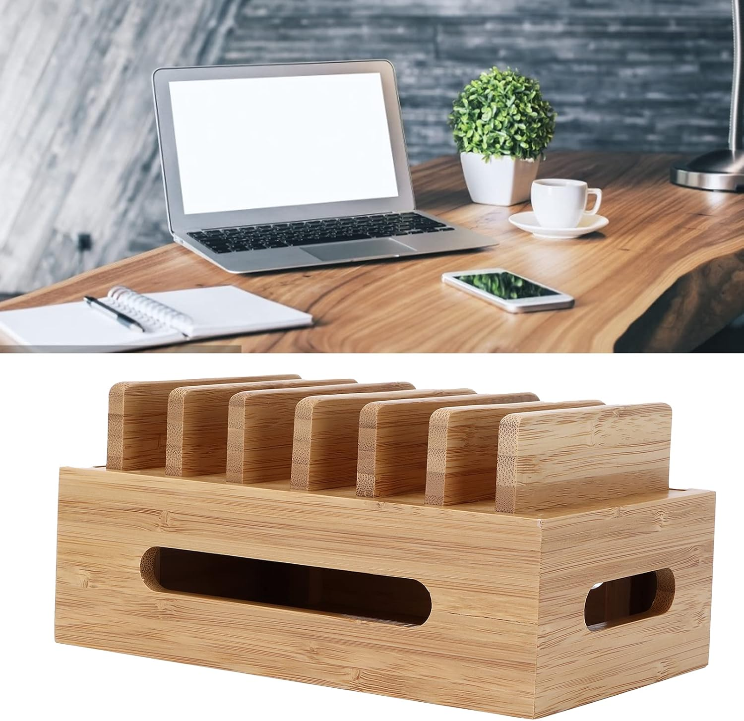 Wood Cell Phone Dock, Multi Device Desktop Dock Station, Portable Tablet Computer Organizer Storage Box, Wood Device Charging Dock for Cell Phone, Tablet Home Office image number 1