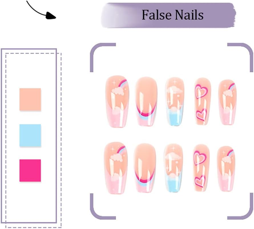 Pink Coffin Press on Nails 24 PCS Heart False Nails Glossy Long Fake Nails with Rainbow and Cloud Design Full Cover Art Tips for Women & Girls image number 1