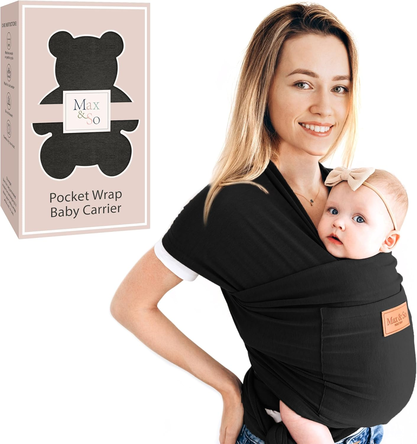 Baby Wrap Carrier - Premium Cotton Baby Carrier Wrap for Newborn to Toddler- Infant Carrier for Babies 8-35 Lb - Baby Holder One Size Fits All with Front Pocket by Max&So