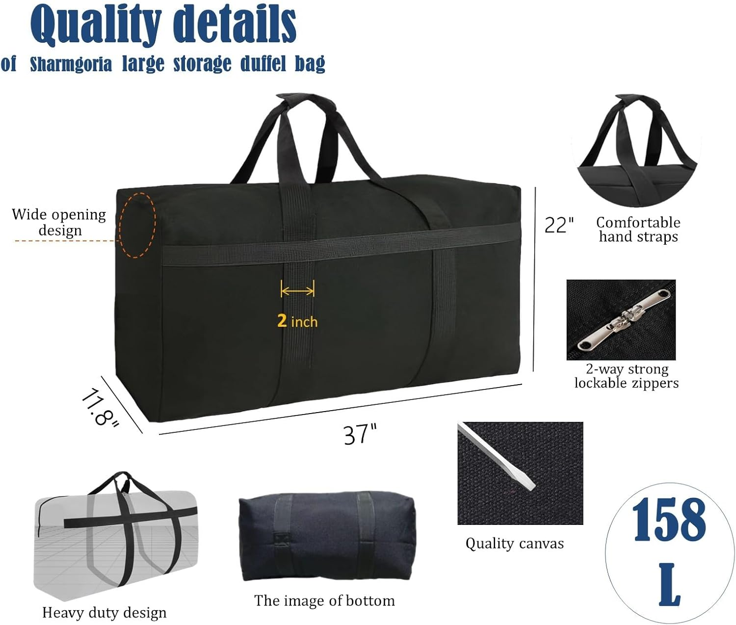 Sharmgoria Huge Duffel Bag, Black Canvas, 37 X 11.8 X 22 In, Simple image number 2
