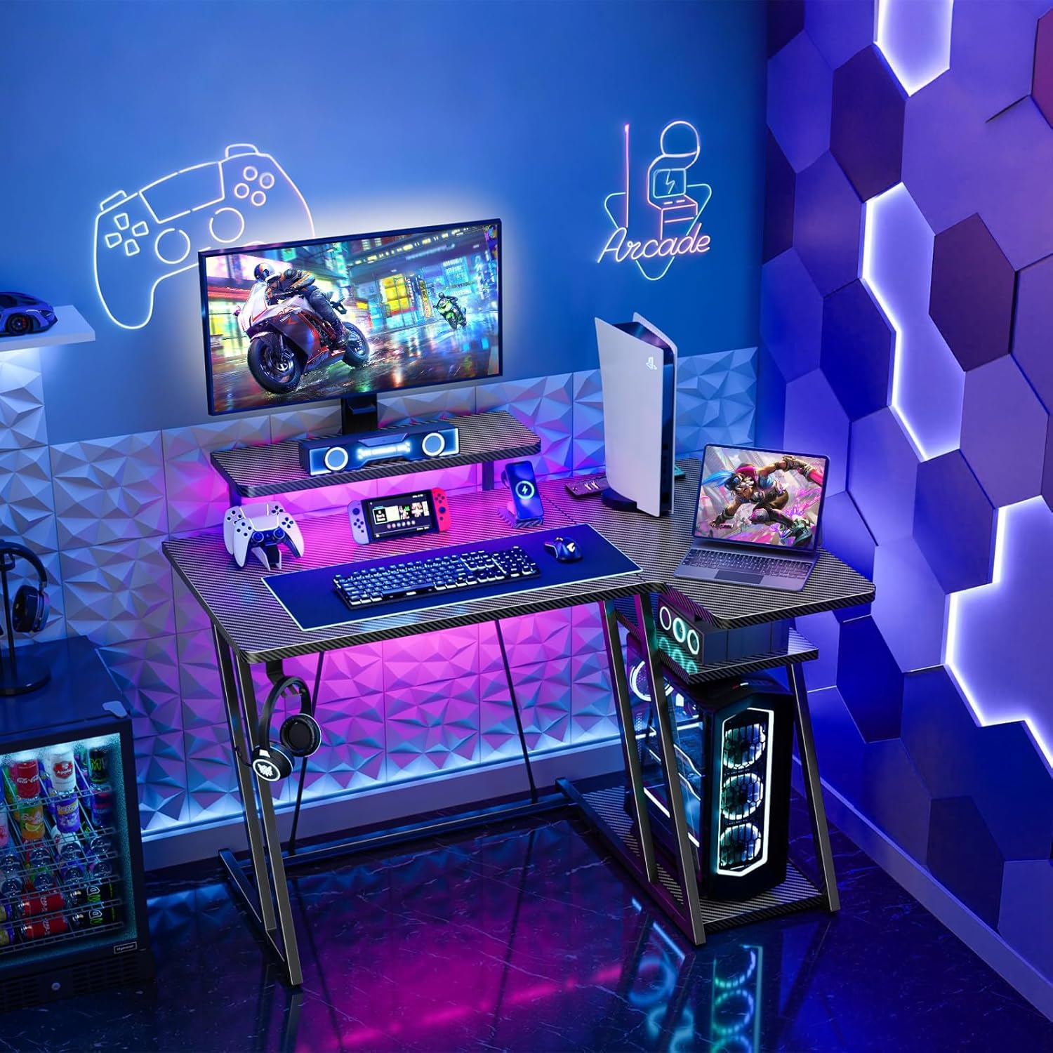 Gaming Desk with Power Outlet & 20 Color LED Light Strip,100 * 65 * 75Cm, L Shaped Corner Desk with Monitor Stand for Small Space, Computer Desk with Reversible Storage Shelves image number 3