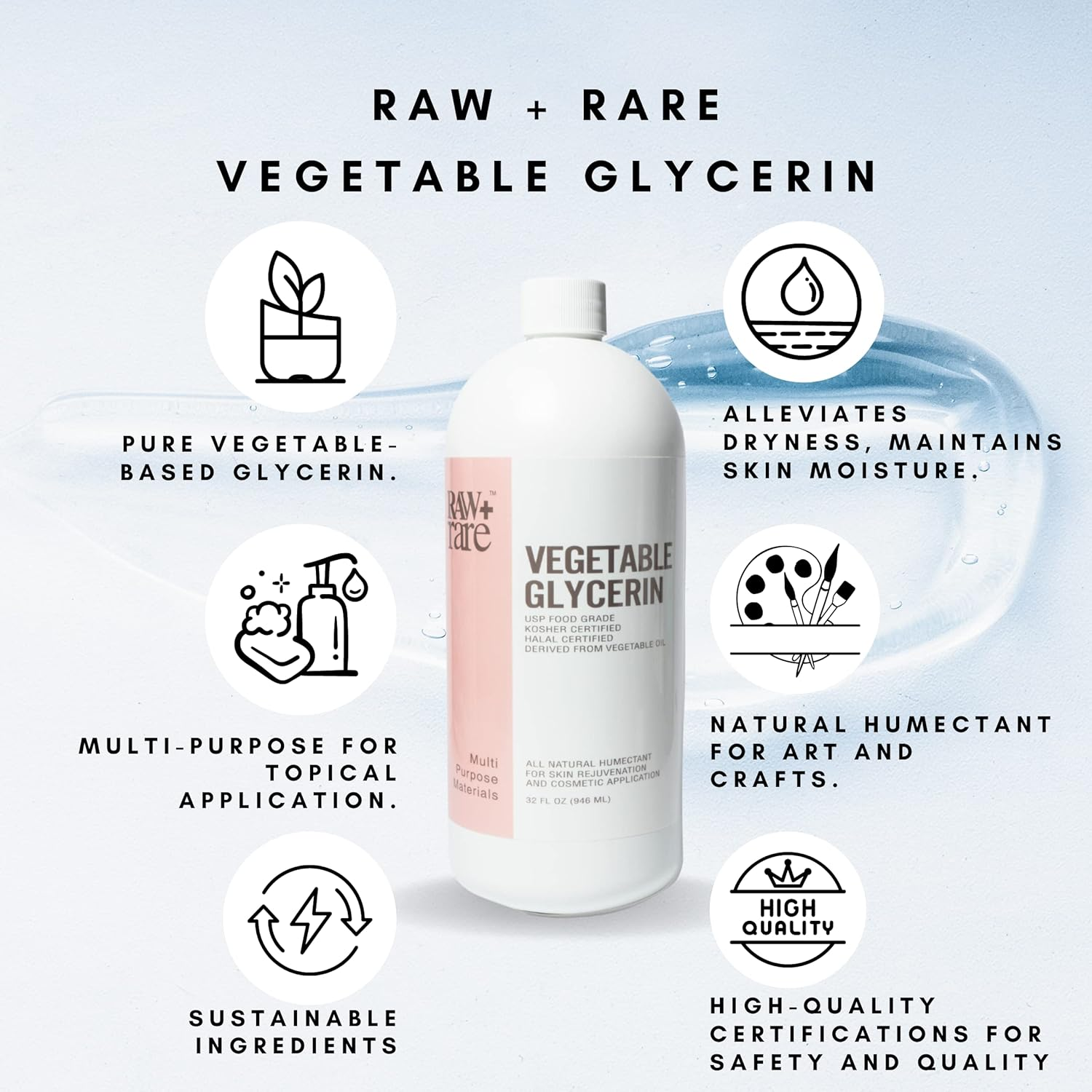 Glycerin Vegetable, Kosher Halal Pharmaceutical USP Grade, Natural Solution and Humectant for Cosmetics, Household Supplies, Art Crafts, and DIY E Liquid for E Cigs by Raw plus Rare - 950Ml image number 6