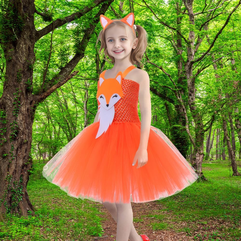 AUTOWT Jungle Themed Cosplay Costumes for Girls, Animal Tutu Skirt with Headband, Fox Tulle Outfit for Children'S Halloween Christmas Birthday Theme Party image number 4