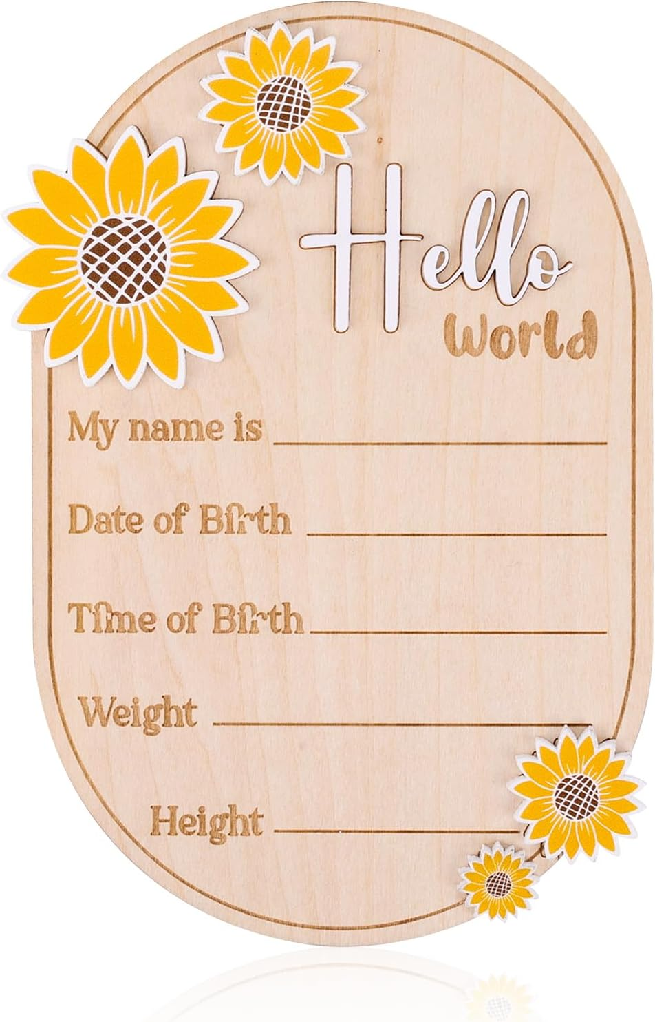 Baby Announcement Sign, 5.9In Newborn Announcement Sign, Oval Sunflower Hello World Sign, Wooden Welcome Birth Baby Name Board Plaques for Boys Girls, Photo Props Baby Shower Hospital Nursery image number 4