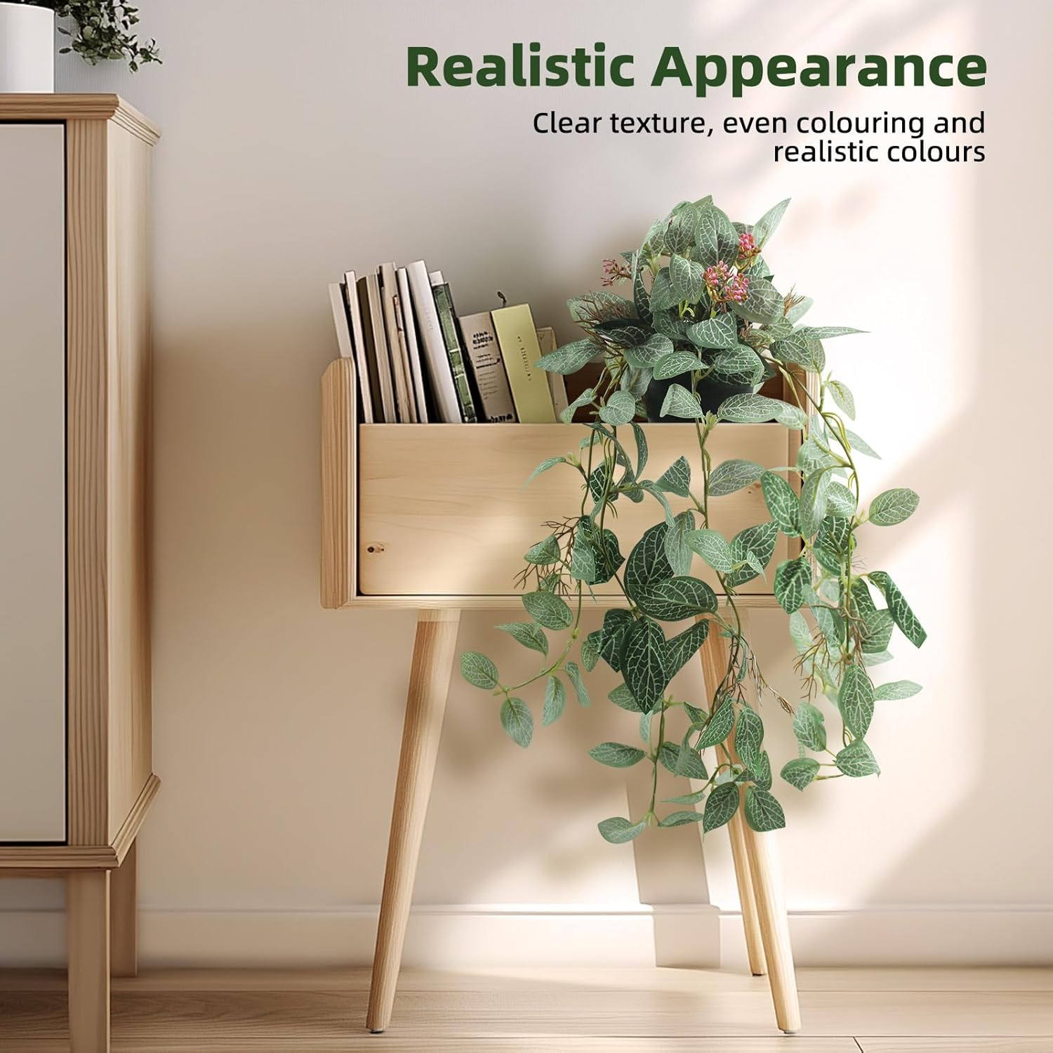 2 Pcs Artificial Hanging Plants Realistic Watermelon Texture with Flower Buds Fake Potting Leaves Faux Peperomia Vine Green Plants for Indoor Outdoor Home Garden Decor - A image number 5