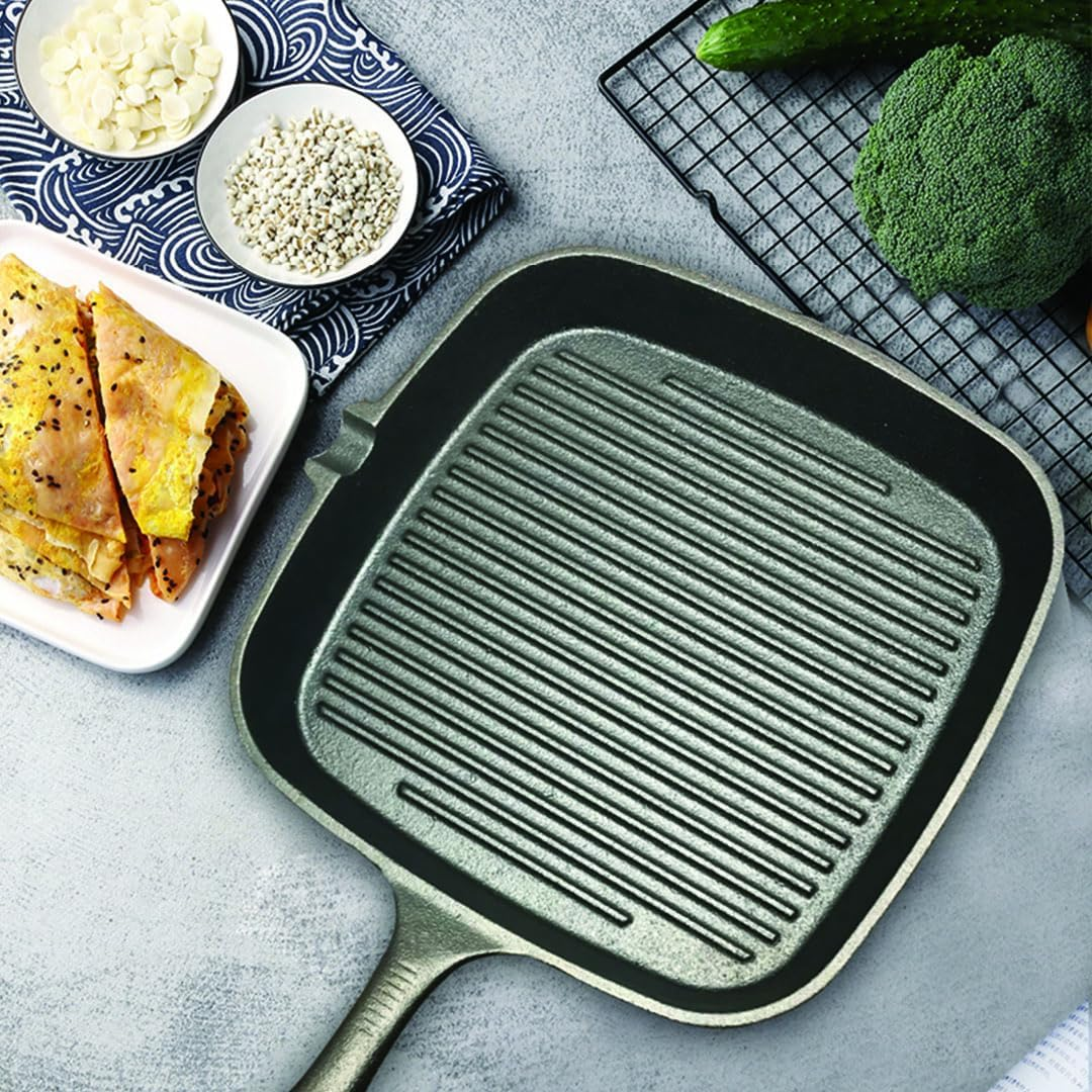 SOGA 9.25" Square Ribbed Cast Iron Frying Pan Skillet Coating Steak Sizzle Platter- Durable, Long-Lasting Kitchen Cookware. Ideal for Frying, Boiling, Pre-Seasoning, and More image number 5