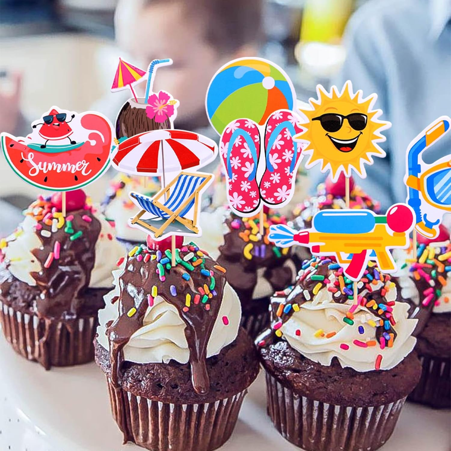 SYKYCTCY 32 Pack Summer Beach Pool Cupcake Toppers Ball Sun Umbrella Diving Goggles Watermelon Water Gun Slippers Cupcake Picks Baby Shower Hawaii Beach Pool Theme Birthday Party Cake Supplies image number 1